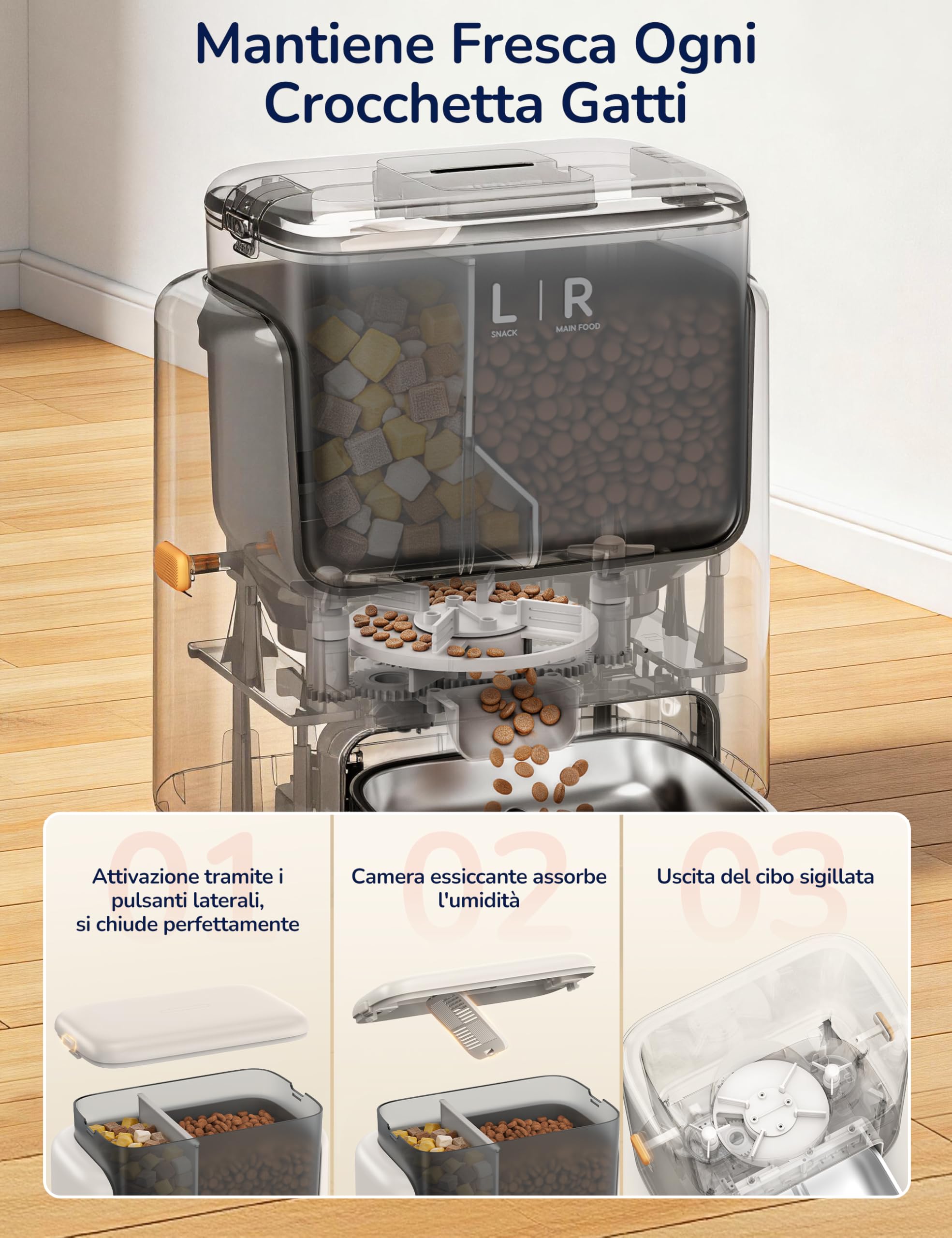 5L Distributore Automatico Cibo Gatti e Cani, WiFi 2.4G/5G con APP, Distributore a Doppio Scomparto, Timer Programmabile 1-10 Pasti al Giorno per 1-12 Porzioni, Ciotola in Acciaio Inox 304