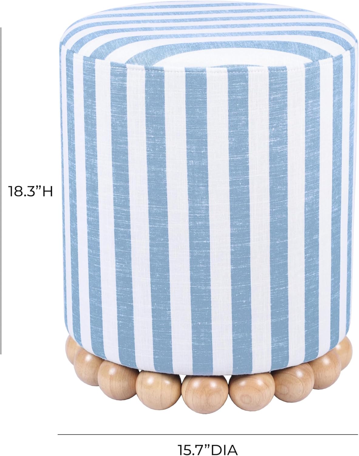 Tov Furniture Dex Pastel Blue Striped Linen Round Ottoman with Wooden Base