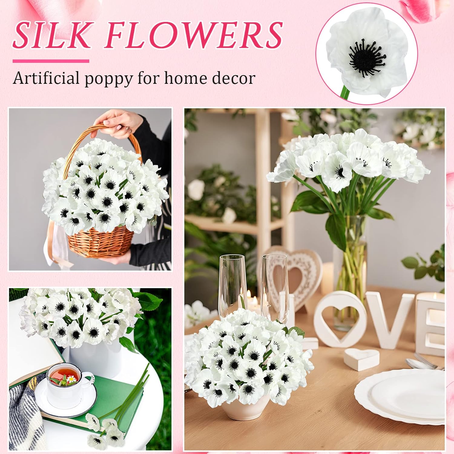 Censen 42 Pcs Artificial Poppy Flowers Bulk PU Silk Poppy Flowers 11 Inch Anemone Stems Artificial Floral Table Centerpiece Decor for Halloween Wedding Home Party Veterans Supplies(White) - Image 4