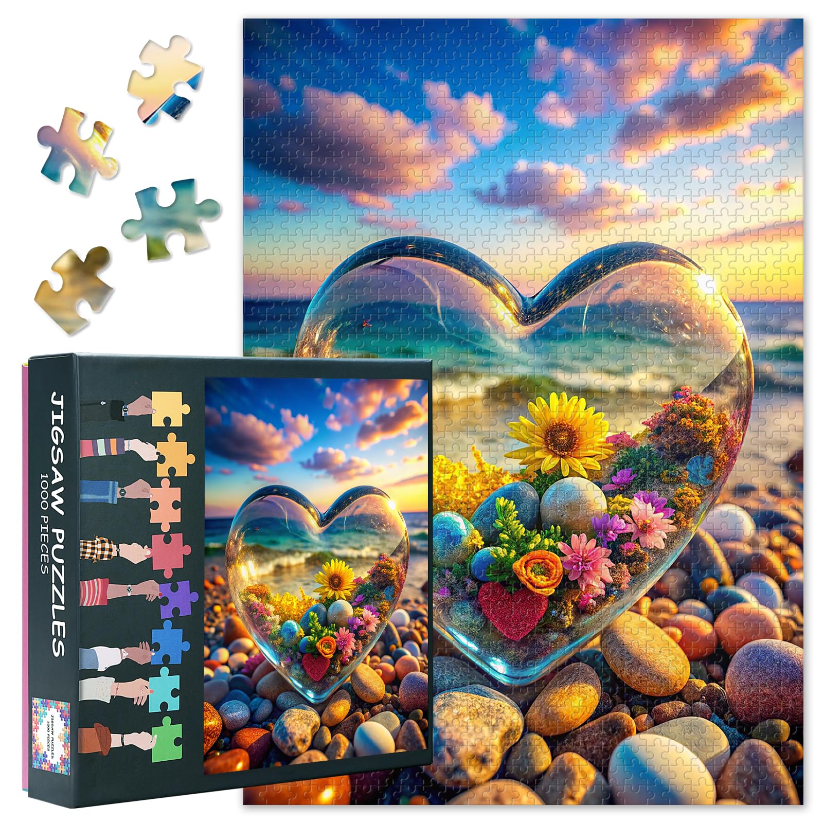 Flowers Jigsaw Puzzles, Heart Shaped Glass Puzzle for Adults 1000 Pieces