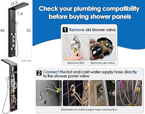Miniatura 21 de ROVOGO Sistema de torre de panel de ducha LED con cabezal de ducha de lluvia, chorros corporales, boquilla de mano y bañera, sin luces LED