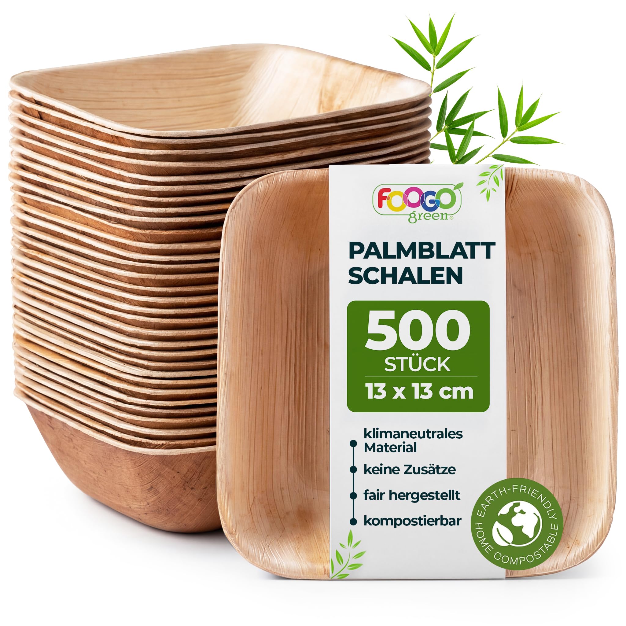 FOOGO Green Palmblatt-Schalen eckig 500 Stück, 550 ml 13x13 cm