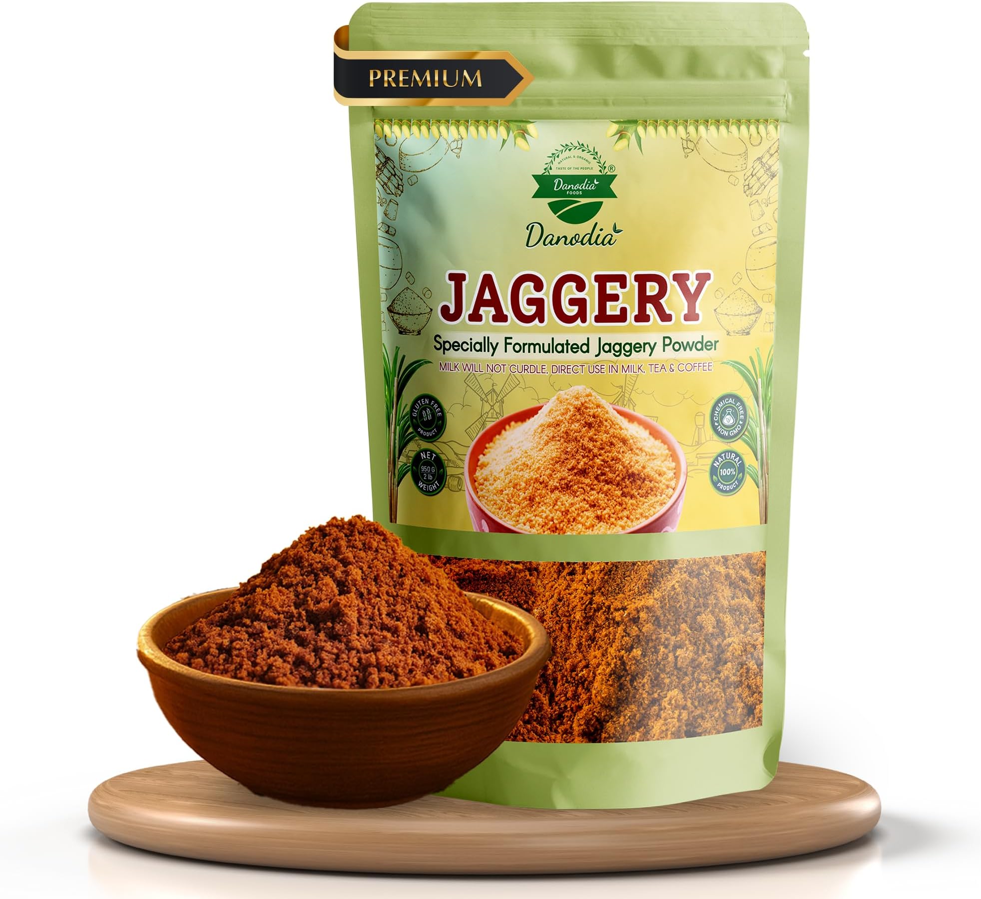 Danodia Foods Organic Jaggery Powder (2 lbs/950G) | Gluten Free, Traditionally, No Anti Caking Agent, No Additives | Unique Sugar Substitute, Best Of Indian Sweetener (Resealable Pouch)