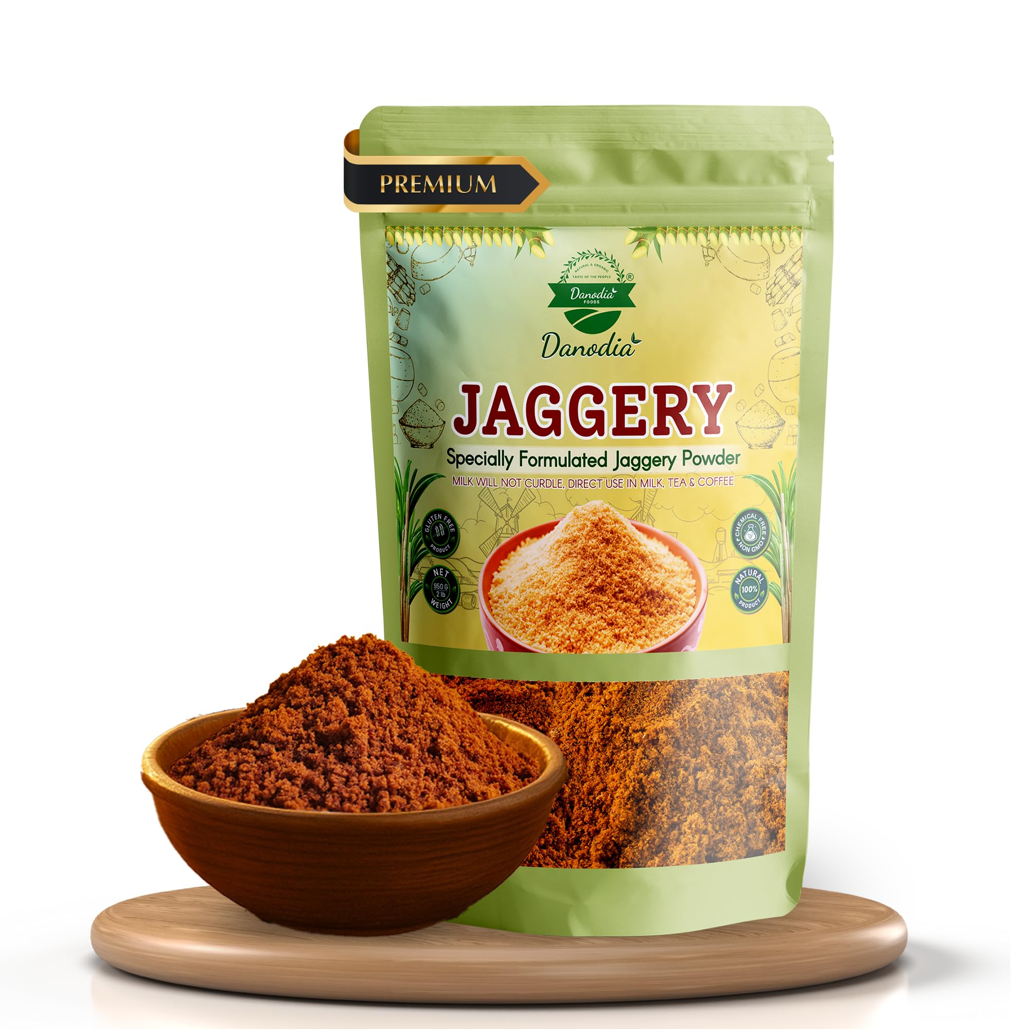 Danodia Foods Natural Jaggery Powder (2 lbs/950G) | Gluten Free, Traditionally Made Sweetner, No Additives or Preservatives Used | Unique Sugar Substitute, Best Of Indian Sweetener (Resealable Pouch)