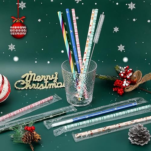 Miniatura 5 de 40 popotes de Navidad, sin BPA, 9 pulgadas, con impresión de plástico duro de Navidad, reutilizables, para la familia o fiestas, suministros de