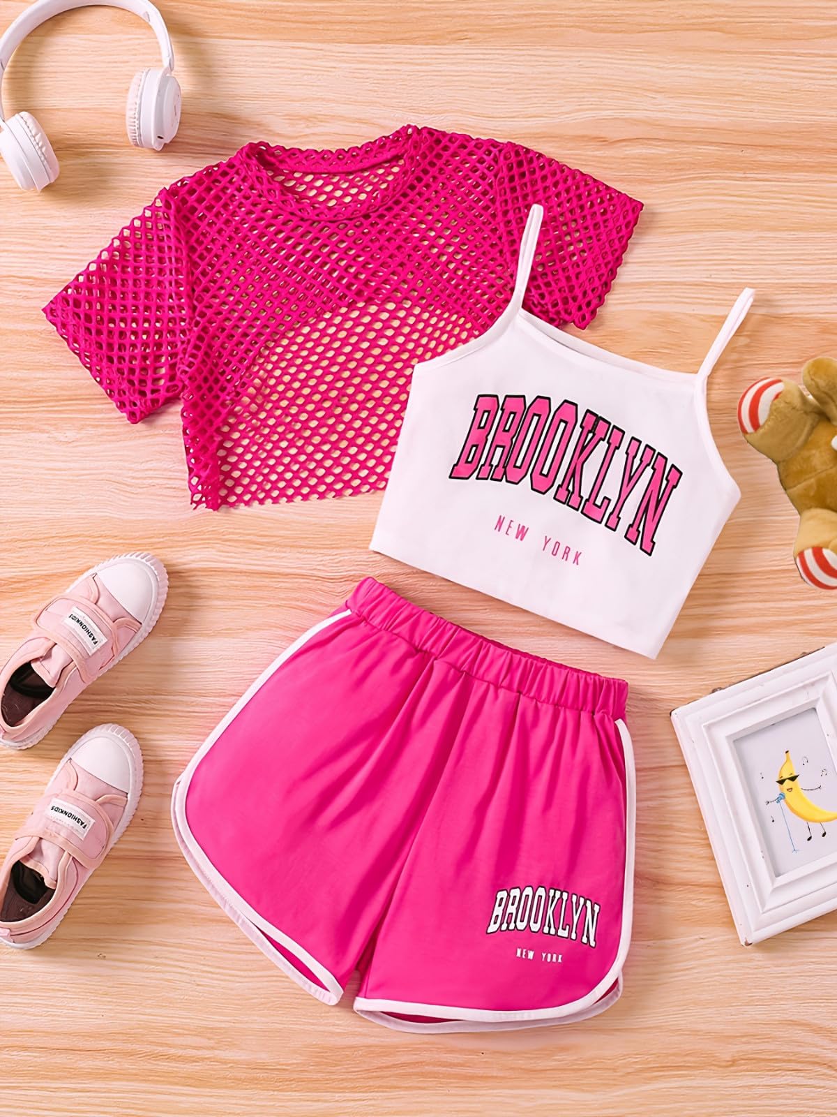 Chándal para niños y niñas, traje deportivo para correr, conjunto de ropa de verano para niñas, conjunto de 3 piezas, informal, corte holgado, parte superior sin mangas, pantalones cortos combinados