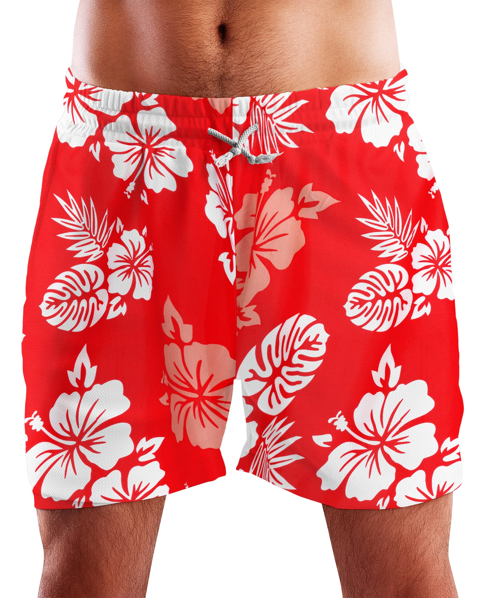 King Kameha Funky Hawaiian Board-Shorts Trunks Swim-Pants, Mono Hibiscus, Red White, XXL