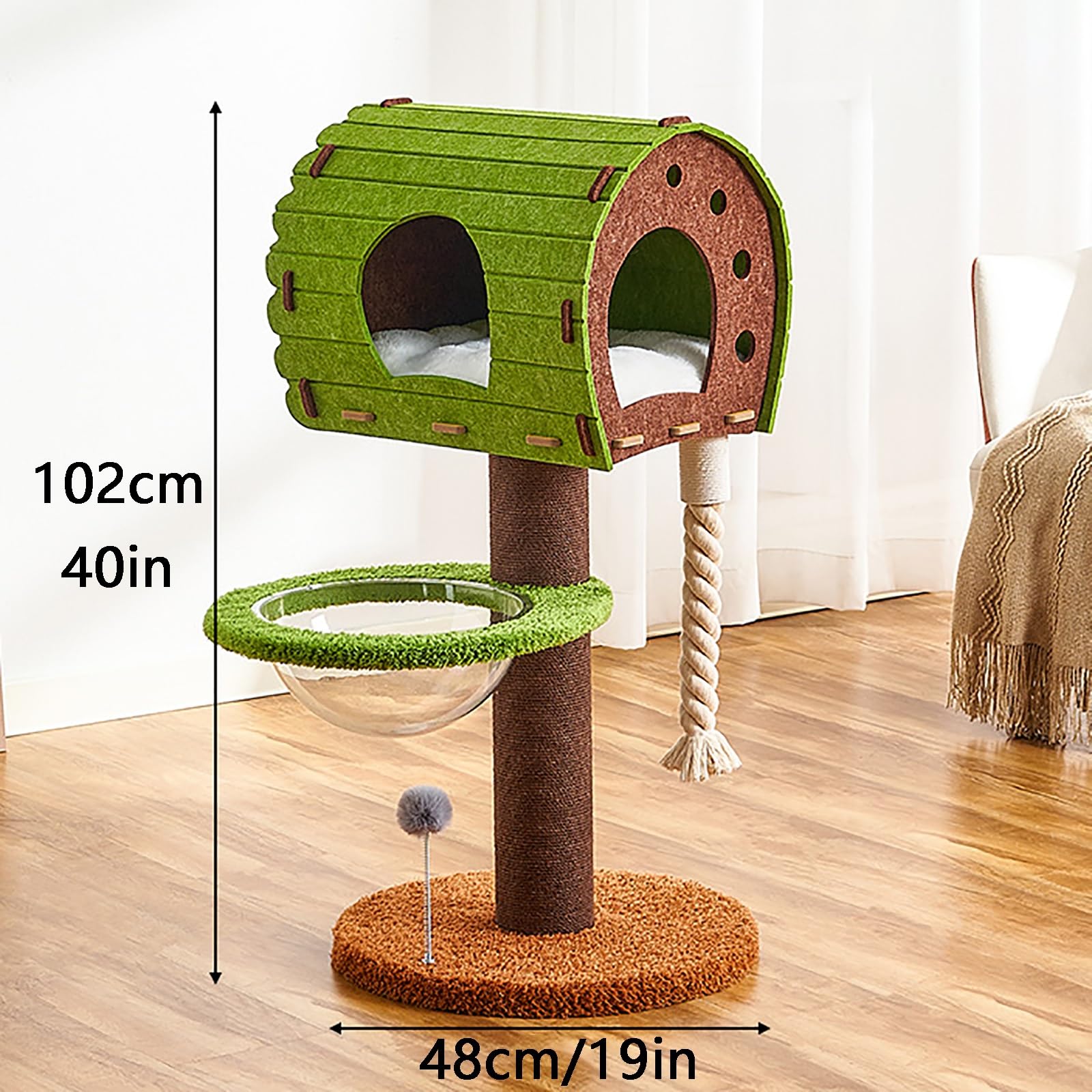 Torre per Gatti, Albero Tiragraffi, Tiragraffi per Gatti Piccoli, Tiragraffi Verde Da 102 Cm, Torre per Gatti Dall'estetica Moderna Con Nido Gatti, Capsula Spaziale E Palla Sospesa, Per Gatti Interni(