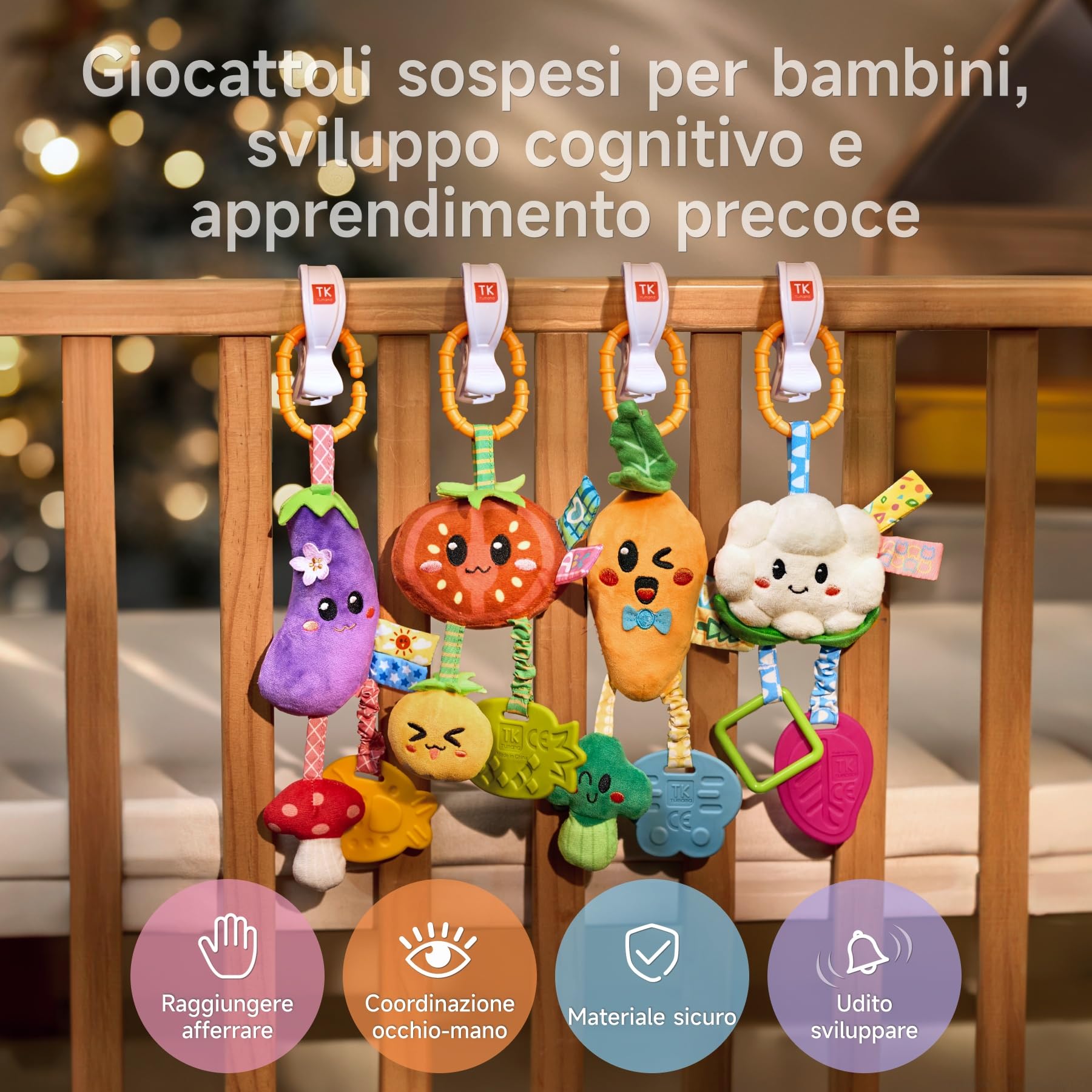 TUMAMA Kids Confezione da 4 Giocattoli Sonagli Sospesi per Bambini, Giocattoli per Neonati da 0 3 6 9 12 Mesi, Giochi per Passeggino, Regalo per Bambini e Bambine