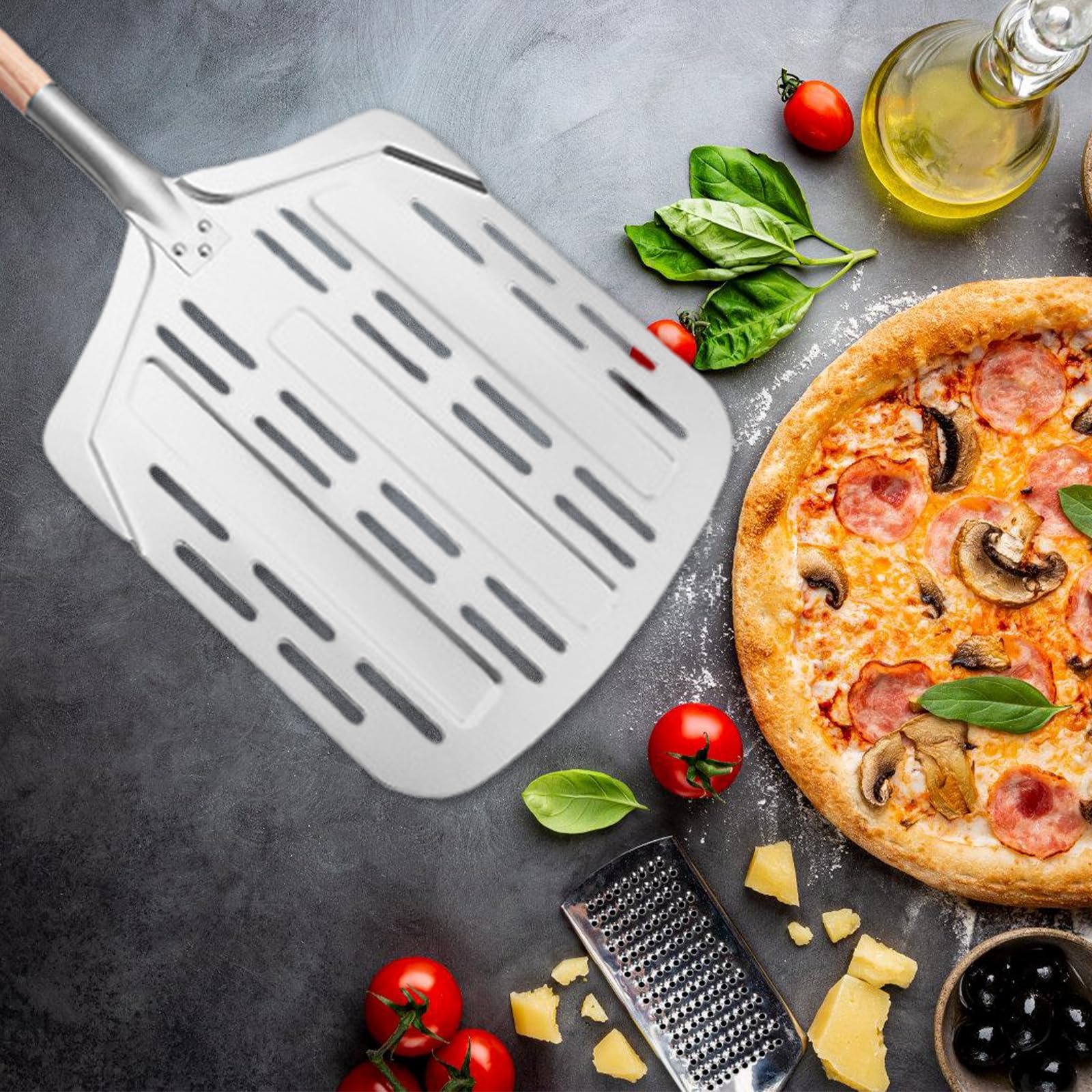GBKDQQ Pala per pizza, 135 cm, pala per pizza, forata, grande cursore per pizza, in alluminio con manico lungo in legno rimovibile, per cucina e gastronomia