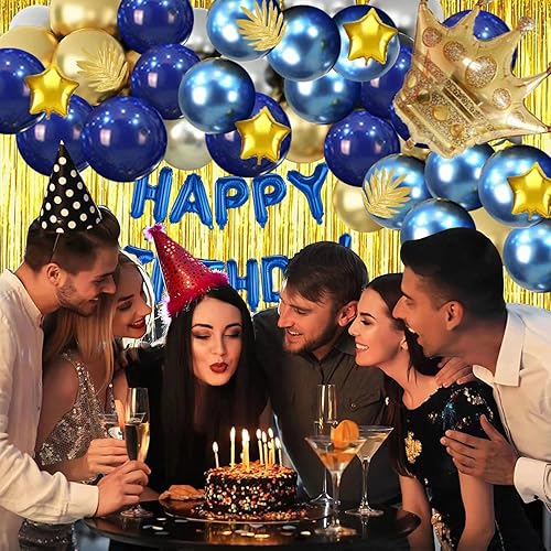 Miniatura 4 de Juego de decoración de fiesta de cumpleaños azul dorado y plateado, pancarta de feliz cumpleaños, globos, cortina de flecos metálicos, corona