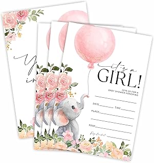 It's A Girl! Baby Shower Invitation Cards With Envelopes,Elephant & Balloon Invites For Baby Shower, Gender Reveal, Baby Announcement, Party Favor & Accessories(25Pcs) - C10