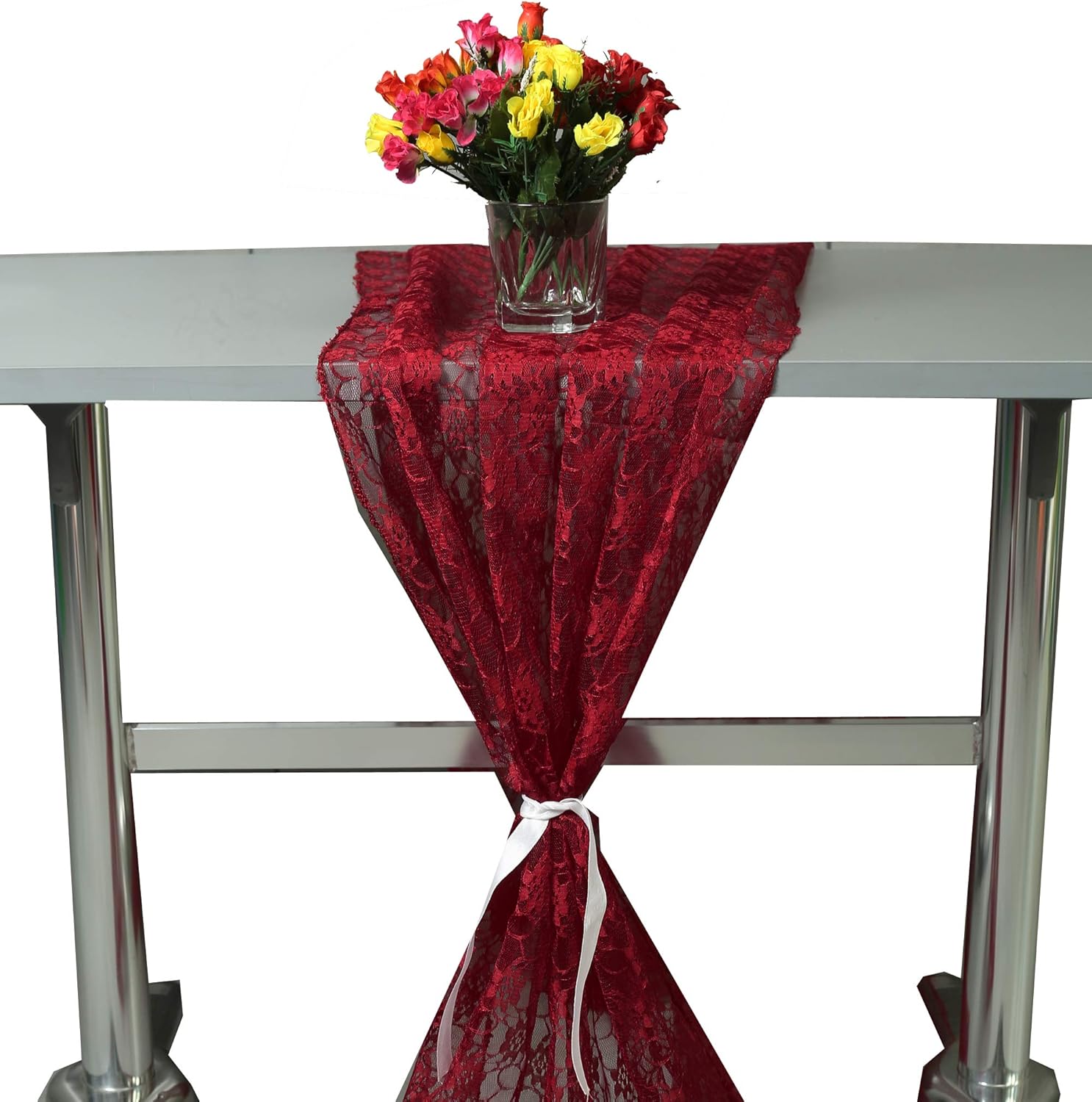 MDS Pack of 10 Wedding 27 x 170 inches Long Sheer lace Table Runner for Wedding Banquets Decorations Birthday Parties, Engagements, Rustic Boho for 14Feet Table Runners - Maroon