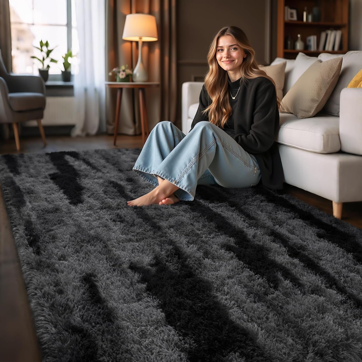 HOMORE 4x6 Area Rug for Bedroom, Black and Grey Fluffy Shaggy Rugs for Living Room, Gradient Abstract Rugs for Kids Boys Girls Room, Plush Rug for Dorm Home Floor Decor