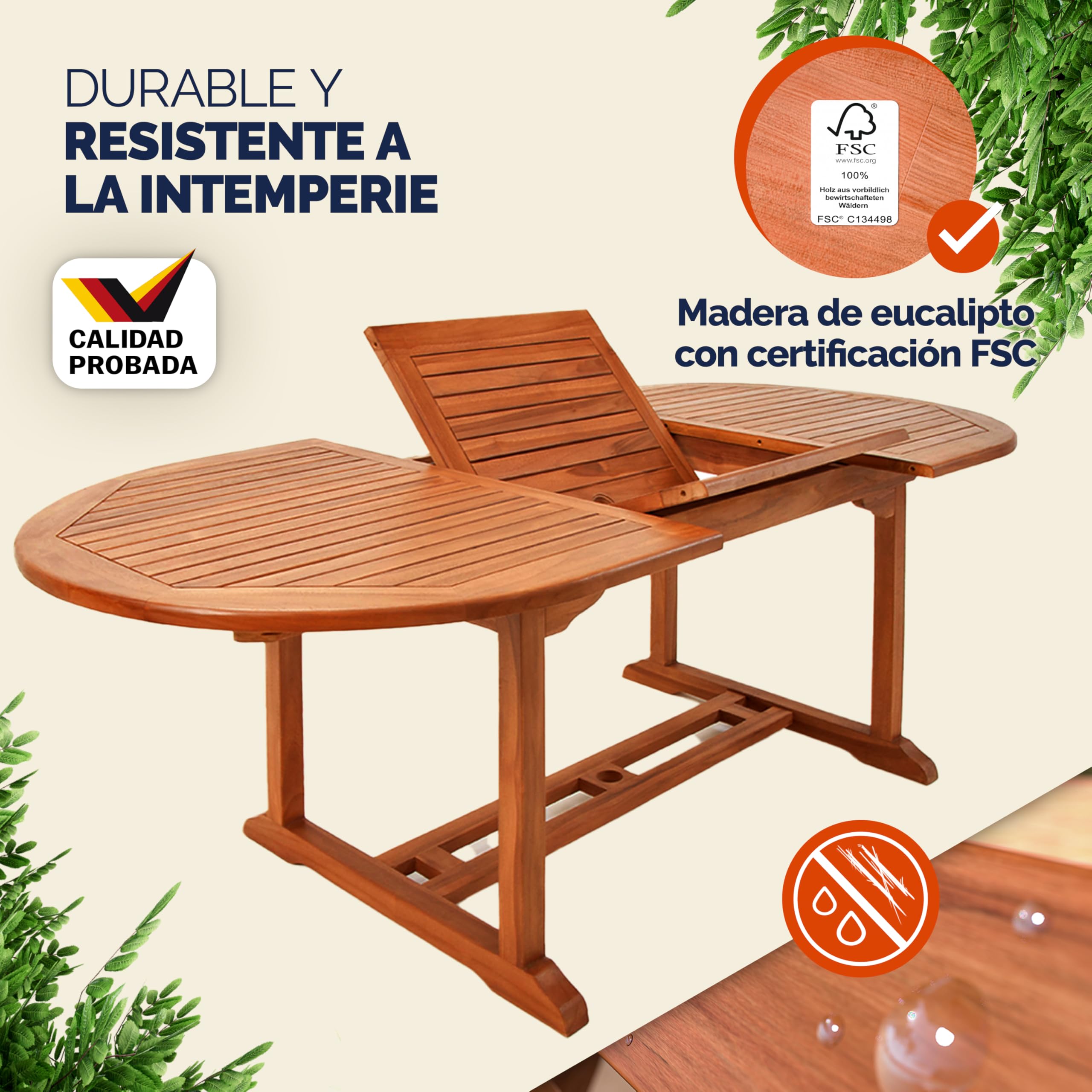 CASARIA® Mesa Comedor Extensible Plegable 200x100cm Madera Certificación FSC® con Orificio para Sombrilla Resistente Intemperie Estable Mueble Exterior Jardín Terraza