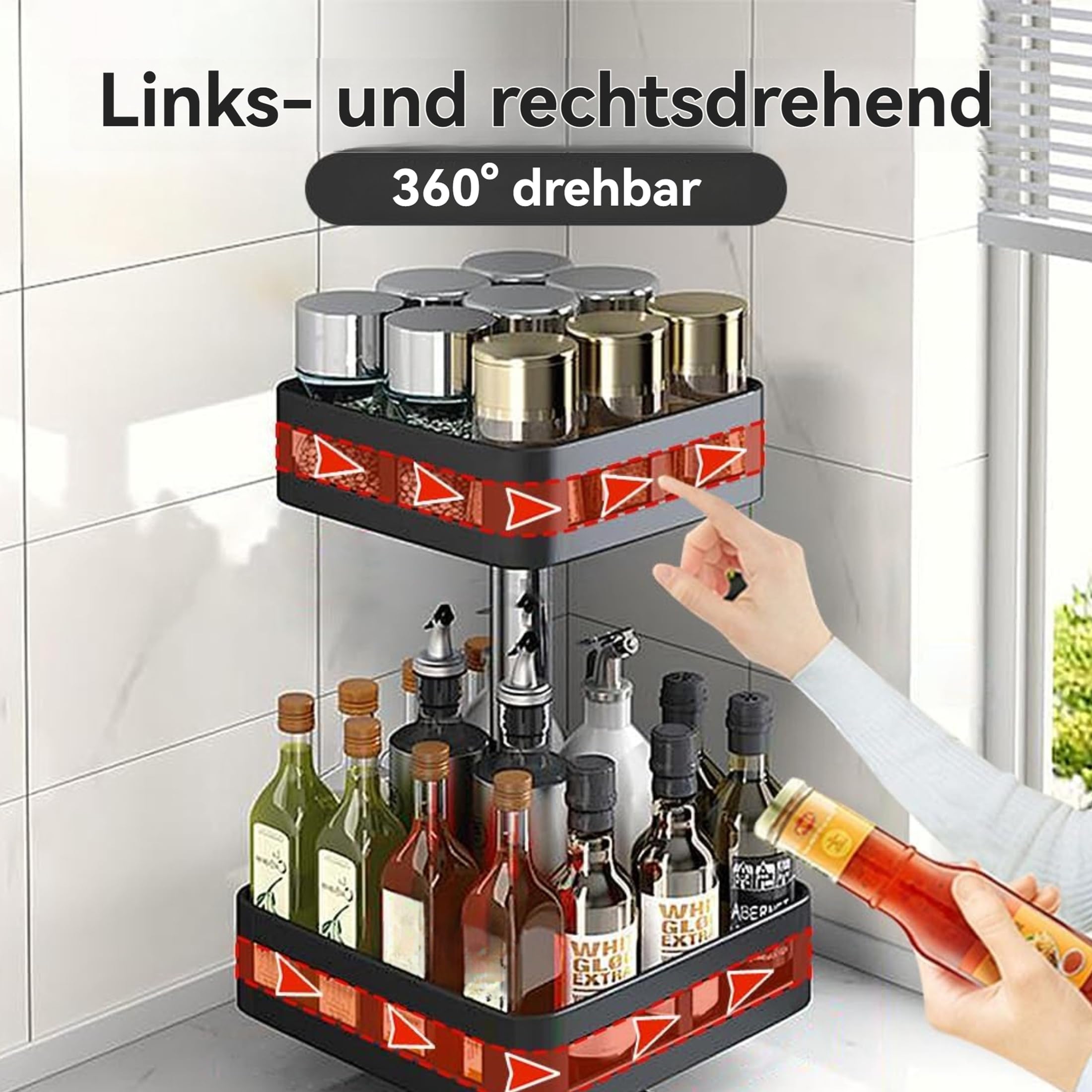 Drehbarer Organizer 2 Etagen Schwarz Küchenregal Stehend 360° Küchengewürzen Küchenregal Arbeitsplatte Eckregal Küche Gewürzregal Stehend Ohne Bohren Lazy Susan Bohren für Gewürzgläser, Kosmetik(W01)
