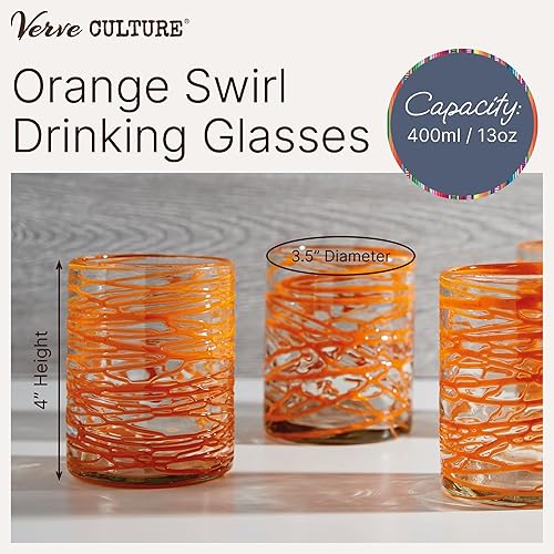 Miniatura 4 de Verve CULTURE Juego de 4 vasos de agua soplados a mano con remolino naranja, cristalería mexicana auténtica, capacidad de 13 onzas