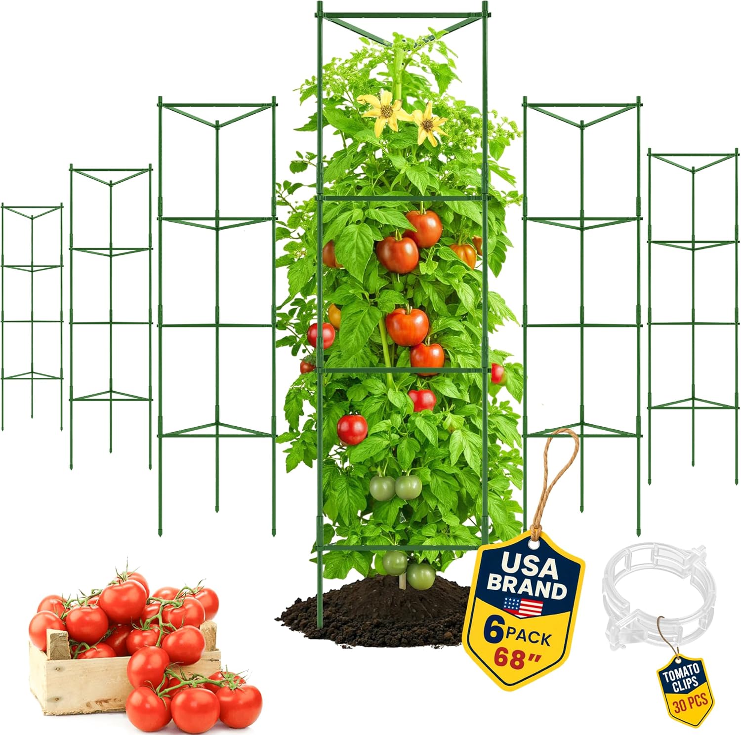 68" Tomato Cage - Trellis Stakes and Plant Support Structures for Vegetables and Climbing Plants - Tall Tomato Cages for Garden, Pots, Raised Garden Bed Outdoor (6 Pack - Extra Tall)