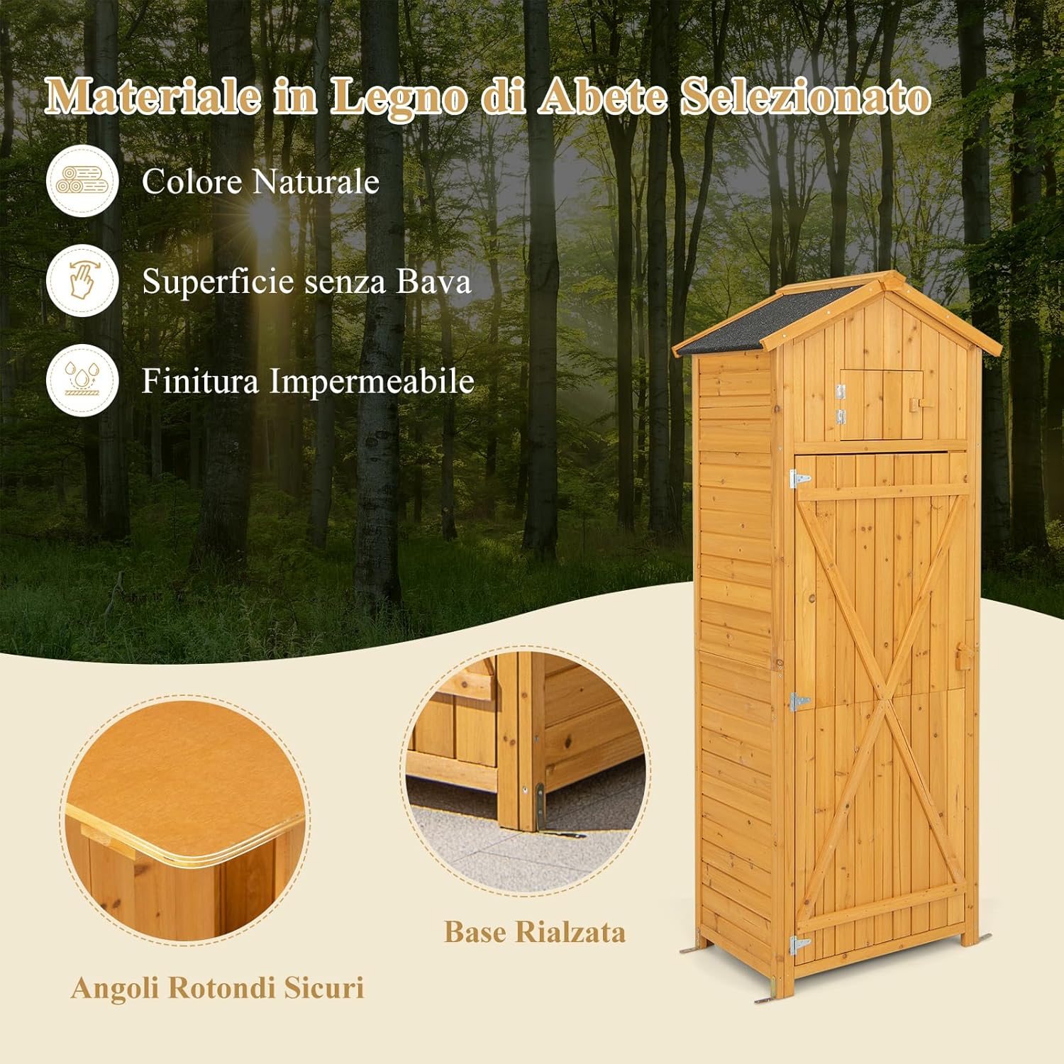 Image highlighting the features of the selected fir wood used for the GYMAX garden shed: natural color, burr-free surface, and waterproof finish. Also shows secure rounded corners and a raised base.