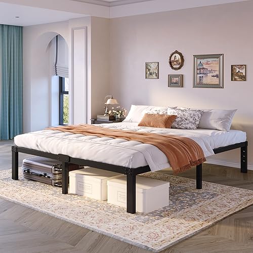 Miniatura 6 de Kydins Base de cama matrimonial con cabecero, almacenamiento compatible, no necesita somier, tamaño negro, plataforma de metal resistente, marco de
