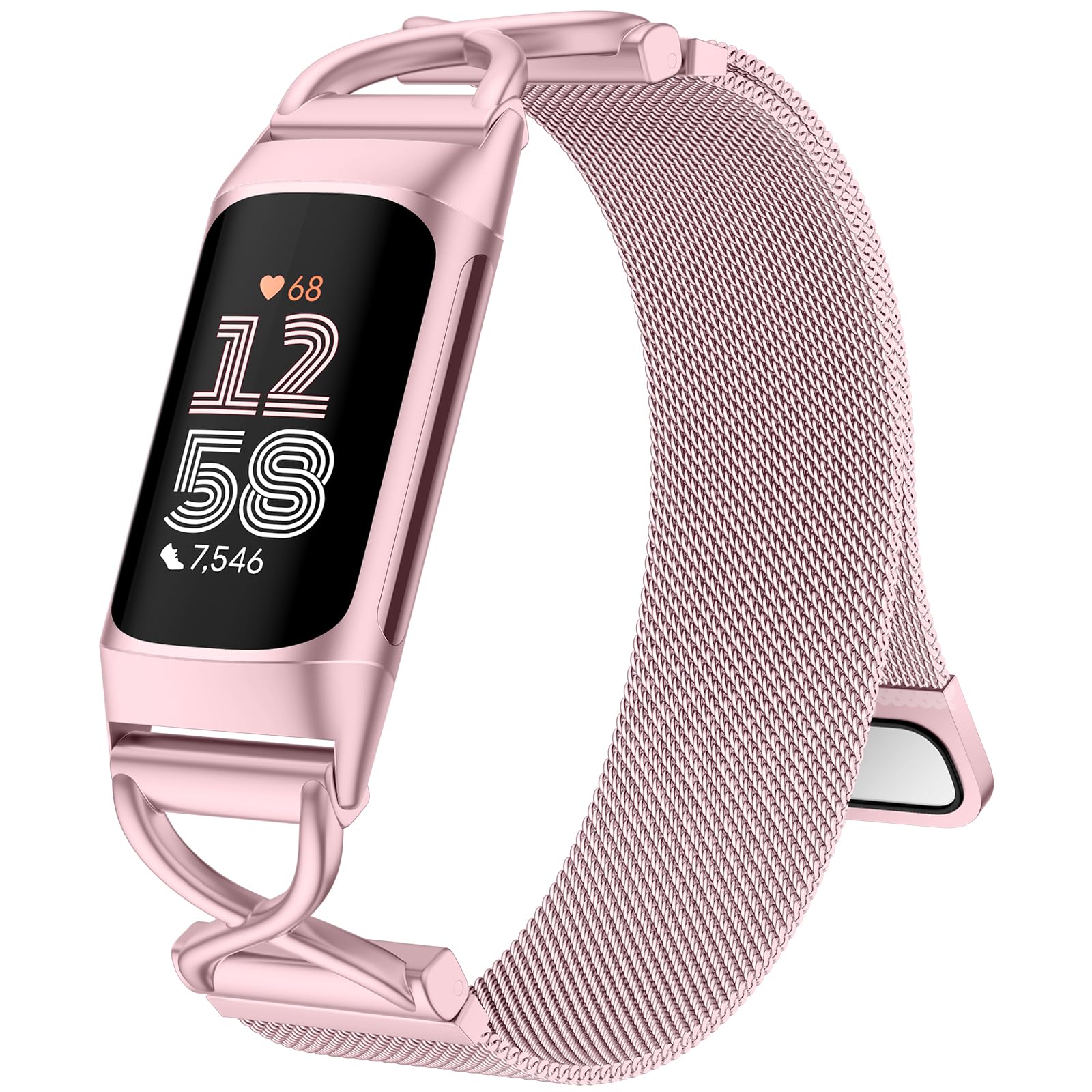 Charlam Metal Straps Compatible with Fitbit Charge 6 Strap, Charge 5 Straps for Women, Magnetic Stainless Steel Mesh Loop Band for Fitbit Charge 6, Charge 5, RosePink