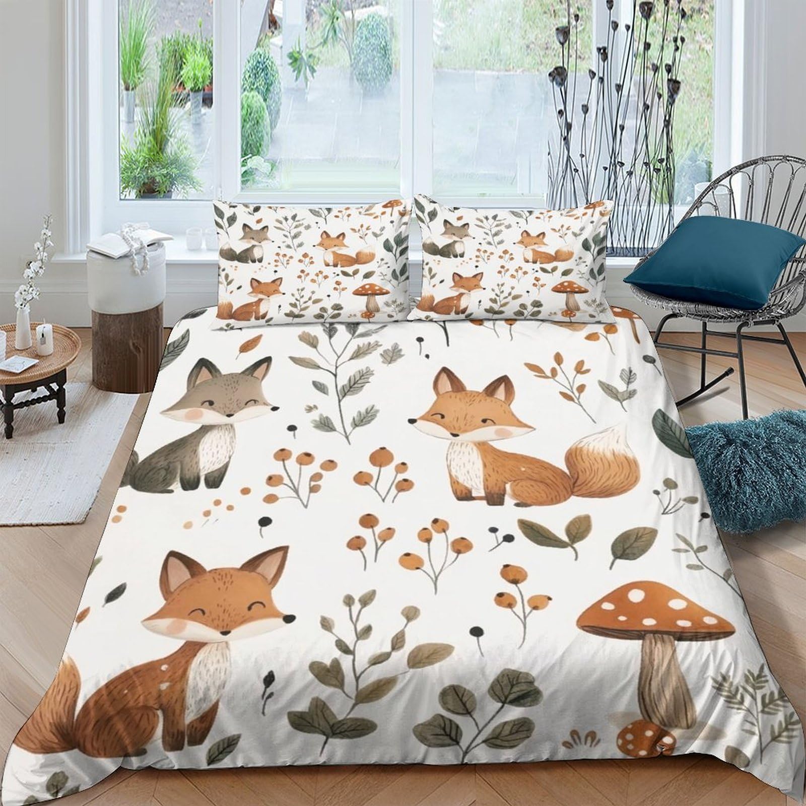 Ctjqhvkz Style-4 3D Printed Fox Woodland Fitted Sheet Microfiber Soft Breathable Forest Mushroom Mattress Cover For Bedroom Guest Room Decor Single（135X200cm）