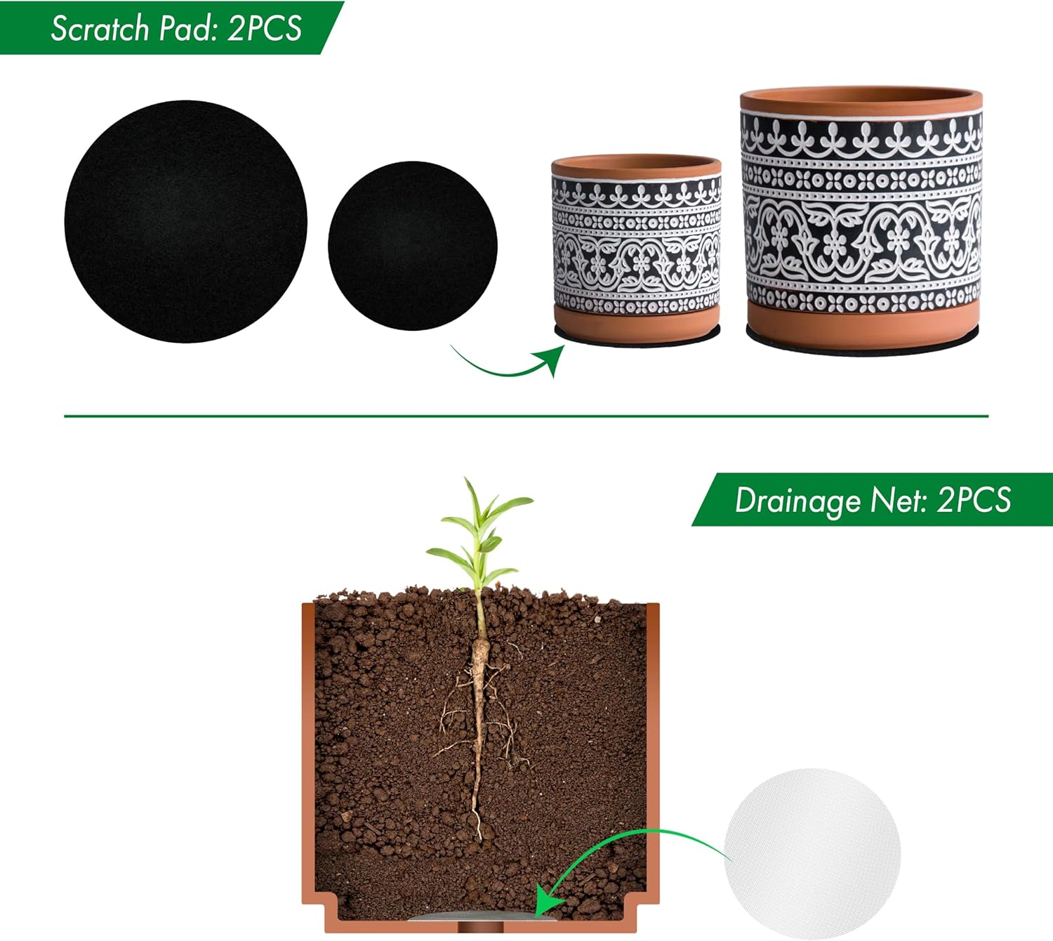 D'vine Dev Set of 2 Terracotta Pots, Wave Pattern Planter Pot, 4 Inch and 6 Inch, Pot with Drainage Hole and Saucer, Terracotta/Black, 31-958-F-2