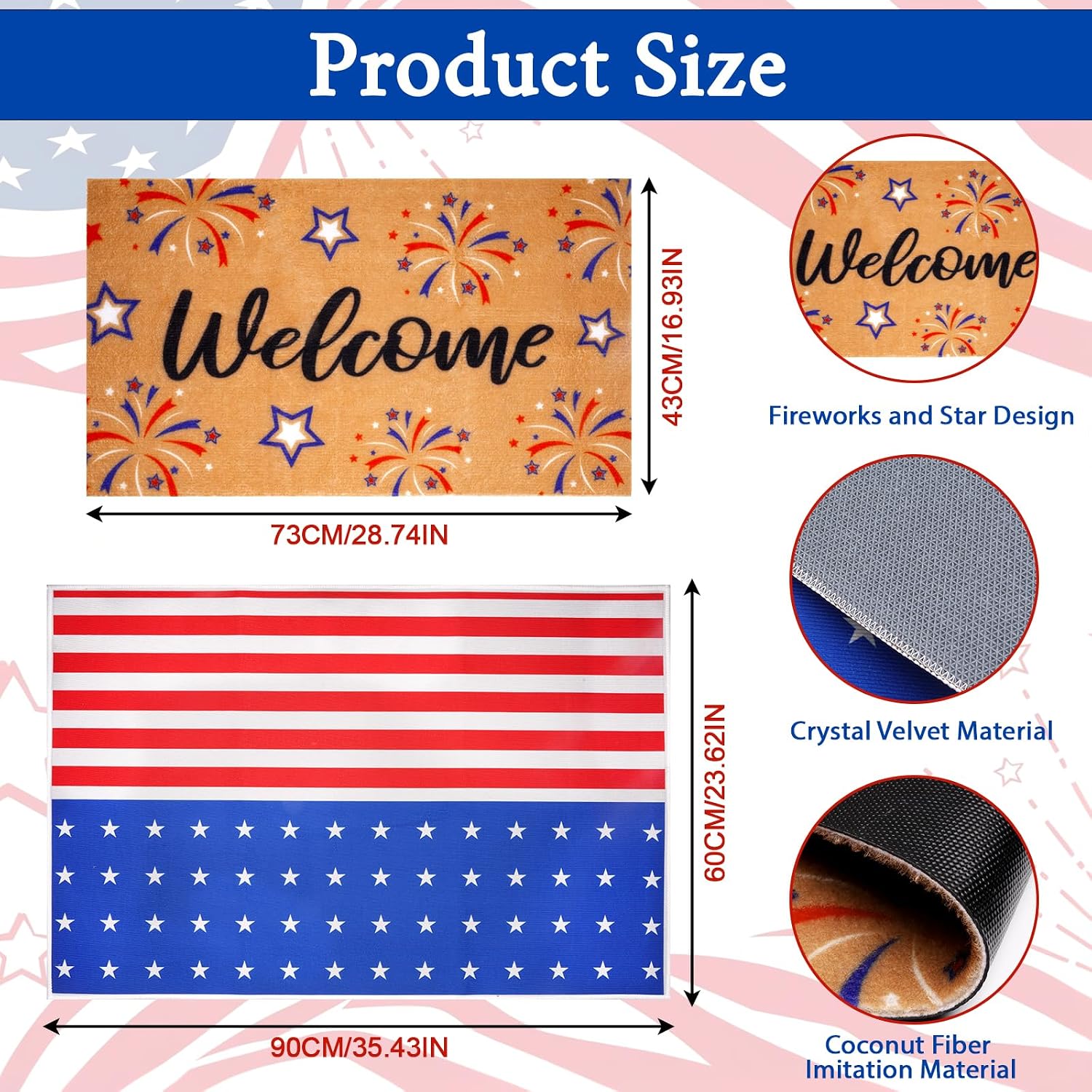 2 Pcs 4th of July Patriotic Welcome Doormat-Outdoor 250th Anniversary America Flag Door Mat with Fireworks,Rubber Non Slip Backing Floor Mats Home Decoration Porch Entryway Entrance Decor