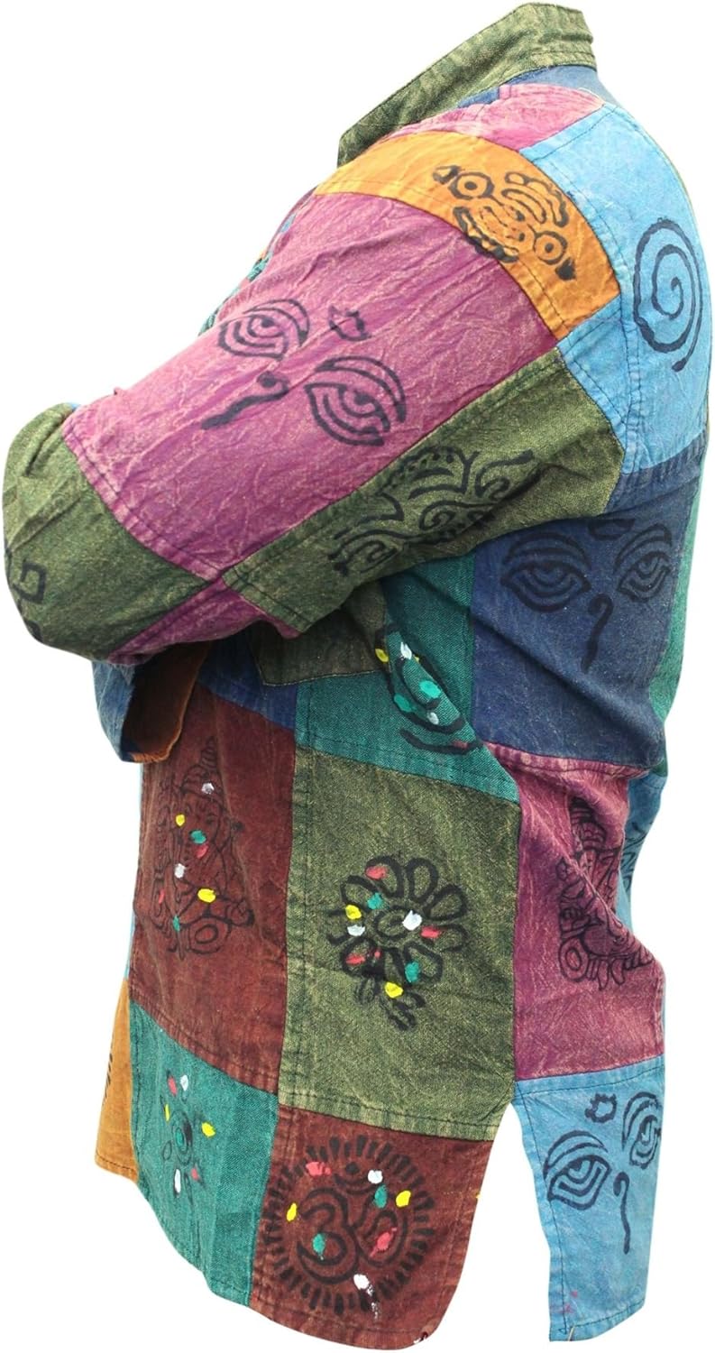 Shopoholic Fashion Mens Patchwork Cotton Long Sleeves Stonewashed Hippie Summer Festivals Shirt - Image 2