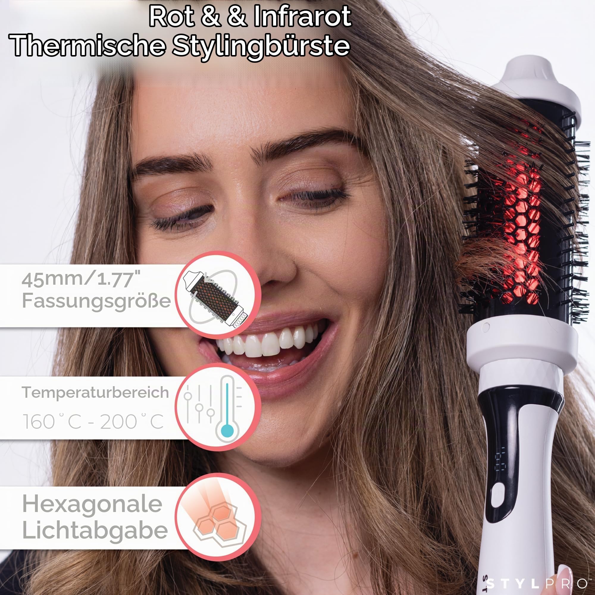 STYLPRO Thermobürste mit roten und nahen Infrarot-LEDs - 58 NIR + 84 rote LEDs, keramischer Zylinder, regulierbare Hitze, leichte Blowout- und Lockenbürste für alle Haartypen