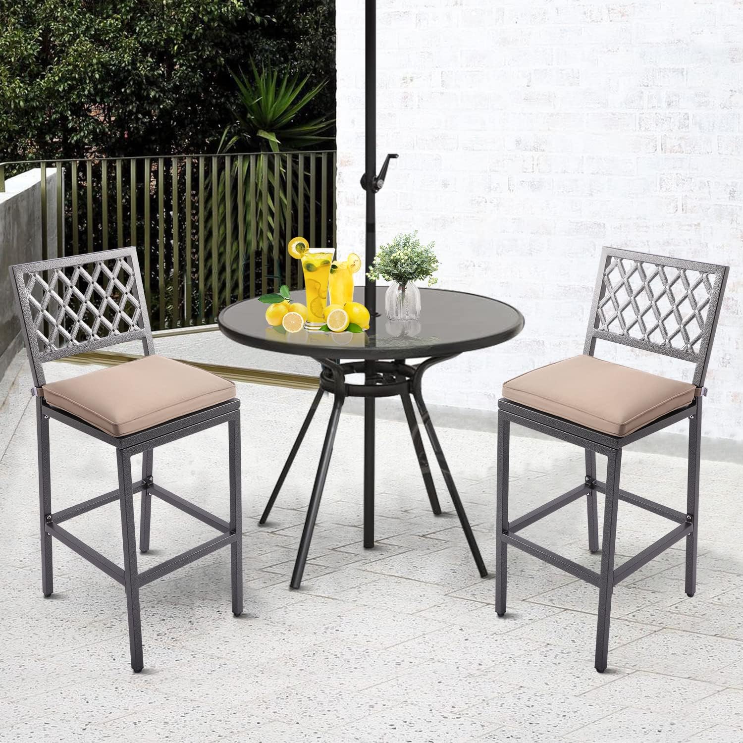 Metal Dining Bar Stools, Outdoor Bar Height Stool, Indoor Outdoor Stools with High Back & Cushions, Hammered Gray Finish, 29" Barstools for Patio, Bistro