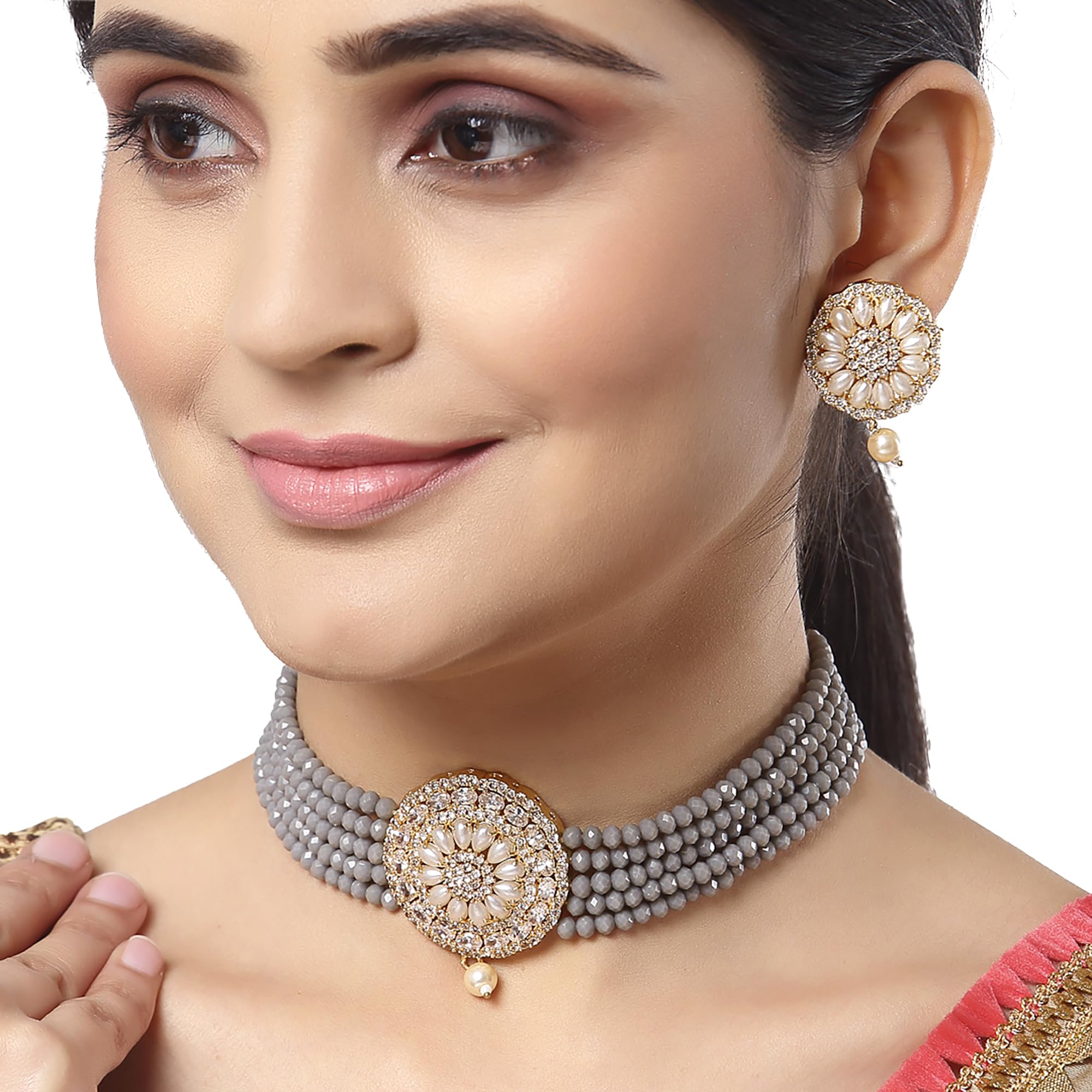 American Diamond Plated Brass Pearl Choker Necklace Set