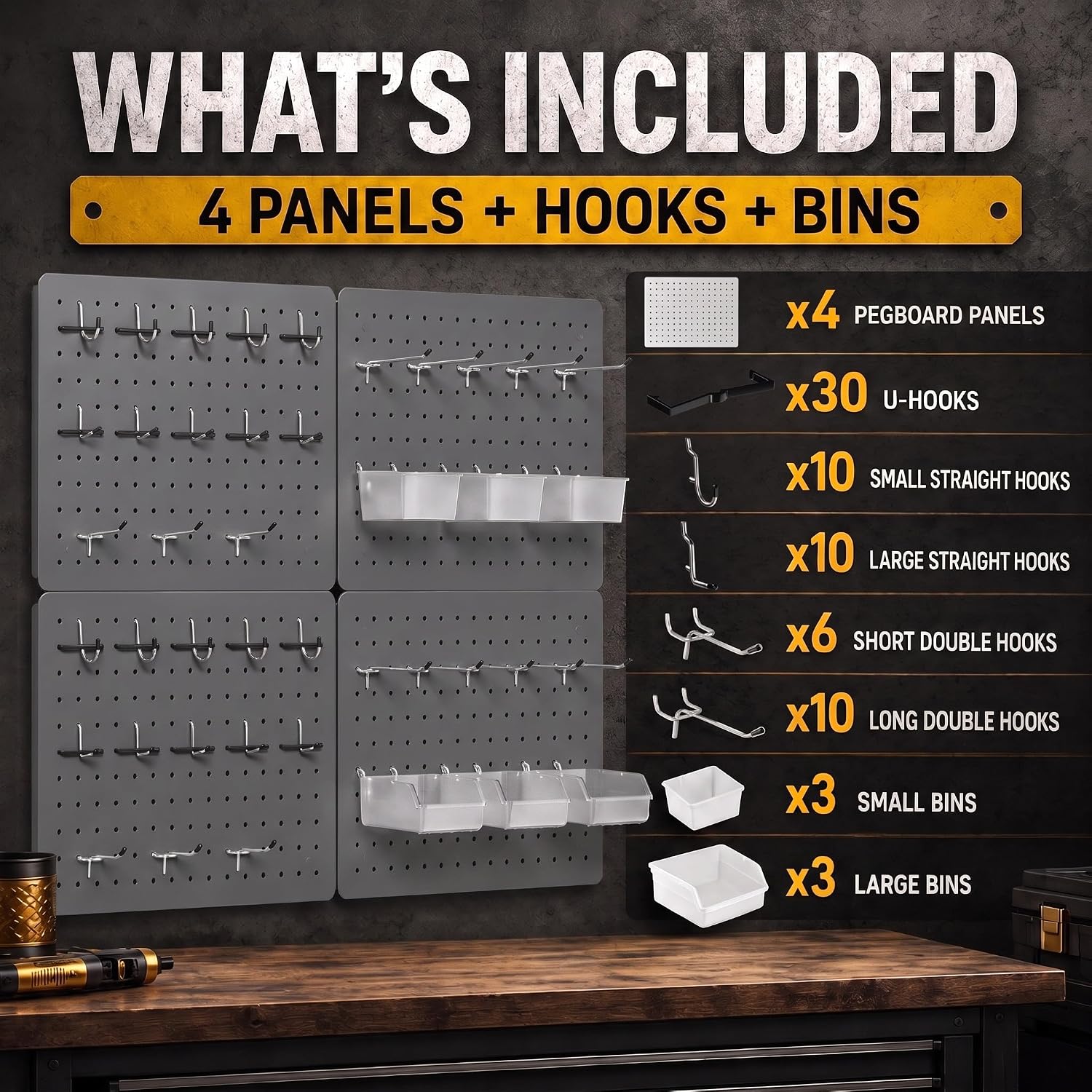 Pegboard Organizer, 4 Pack 12 x 16 in Metal Panels, 6 Bins, Gunmetal Gray image 2