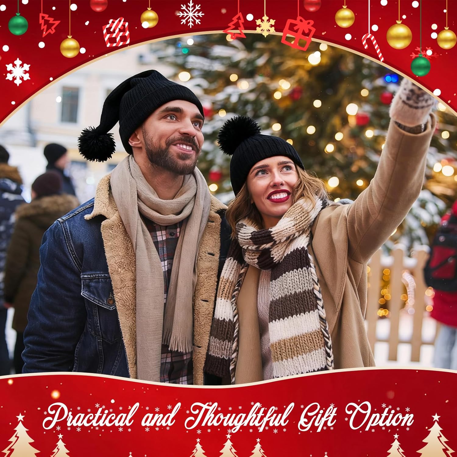 Mepase Knitted Santa Hat for Adult Christmas Goth Beanie Winter Hats with Pompom Women Men for Xmas Party - Image 5