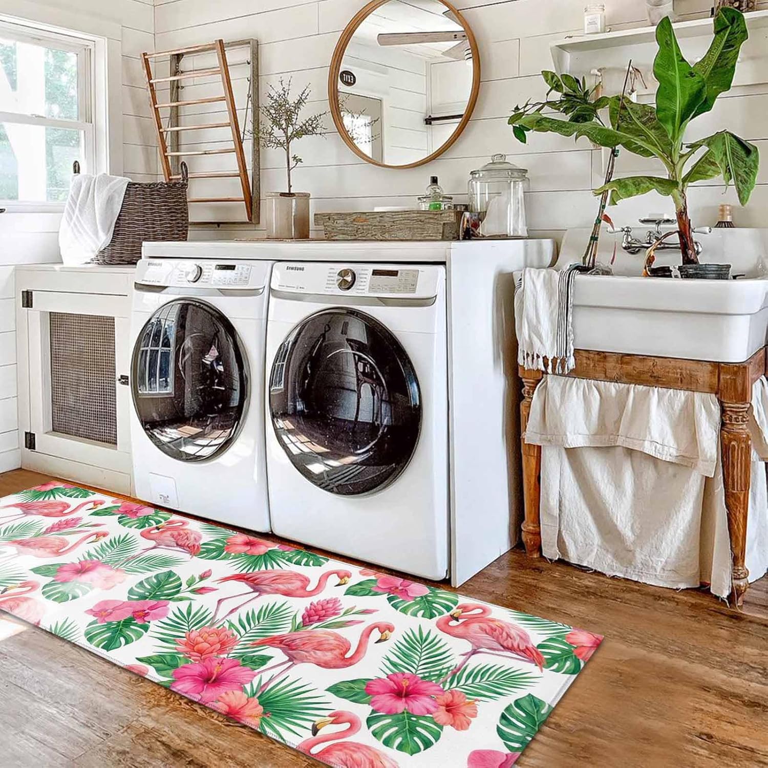 Kitchen Mats for Floor Tropical Pink Flamingo Flower Leaf Washable Non Slip Kitchen Rugs 2PCS, Summer Animal Botanical Absorbent Standing Mats for Sink Office Living Room 15.7x23.6in+15.7x47.2in