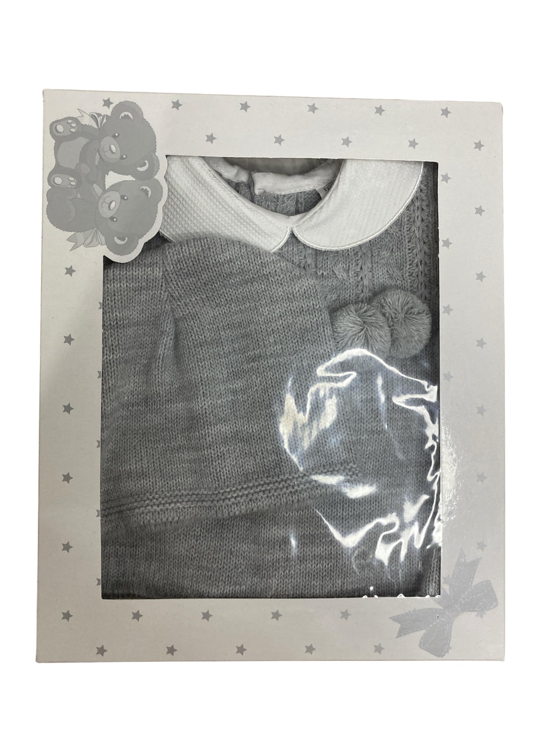Conjunto de Bebé de Punto, Suéter y Pantalón con Pompones, Gris, Tejido de Punto Acanalado, 2 Piezas. Talla única. Recién nacido