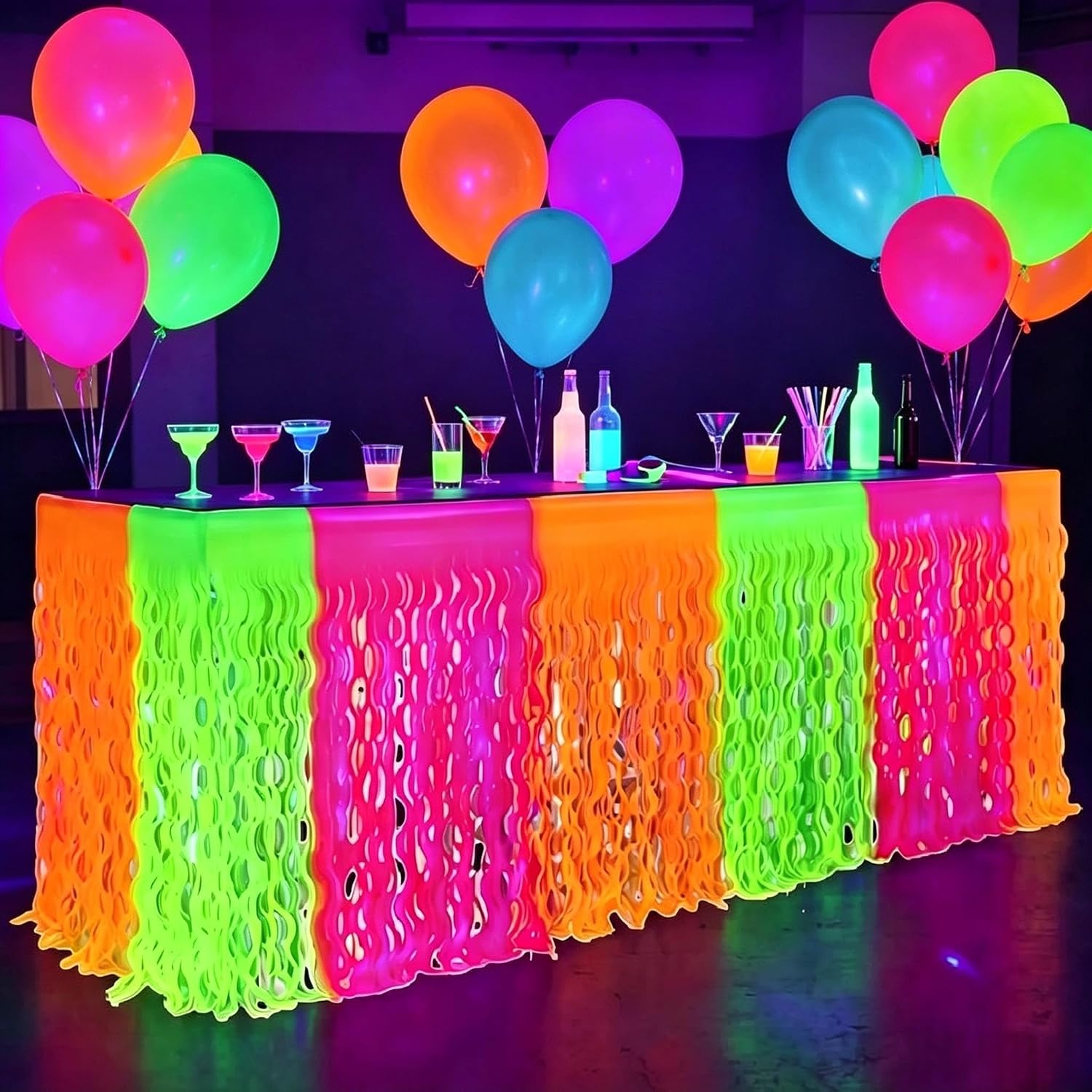 2 Pcs 29.5 x 108 inch Neon Multicolor Fluorescent Foil Fringe Wavy Table Skirts Cloths and 100 Pcs UV Blacklight Neon Balloons Decorations for Birthday Glow in the Dark Party