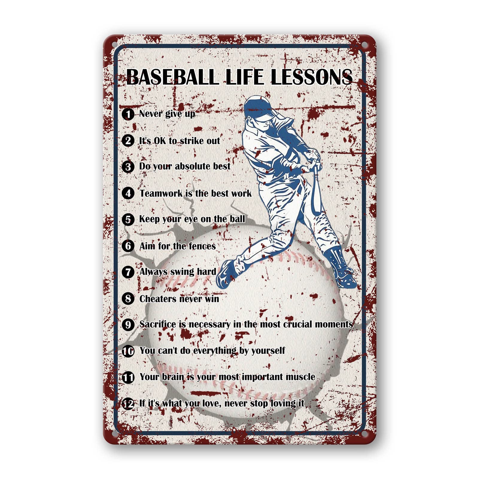 Baseball Life Lessons Sign - 'Never Give Up' Wall Art Decor, 8x12 Inch Metal Tin Sign for Boys Room, Senior Night Gifts