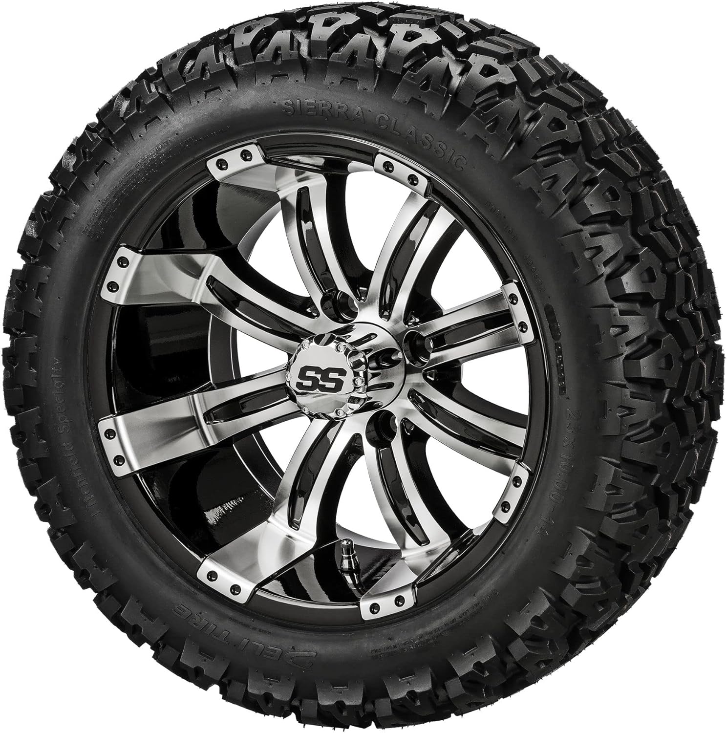 RM Cart 14" Casino Black/Machined on a 23x10-14 Sierra Sport Tire (Set of 4) | Golf Cart Tires and Wheels Combo with Standard Lug Nuts