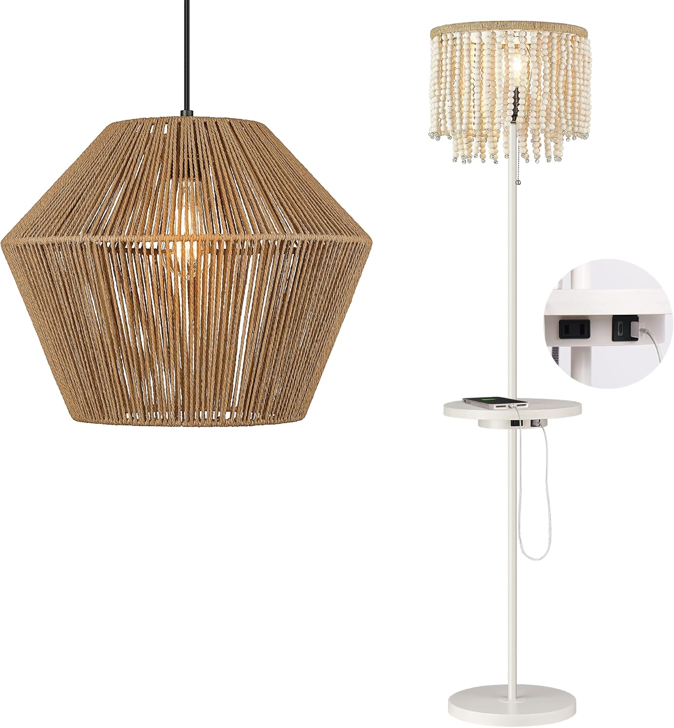 ELYONA Boho Wood Beaded Floor Lamp with Table,USB TypeC Charging Ports