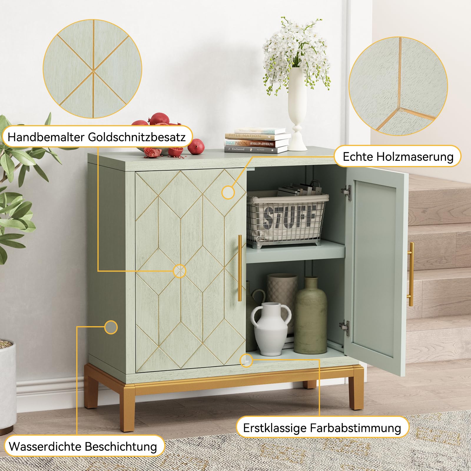 HOLTICO Küchenschrank Garderobenschrank Badezimmerschrank Wohnzimmerschrank Grün mit verstellbarem Regal,Schrank freistehend für Küche,Badzimmer,Wohnzimmer,Garage,goldene Linien und Beine