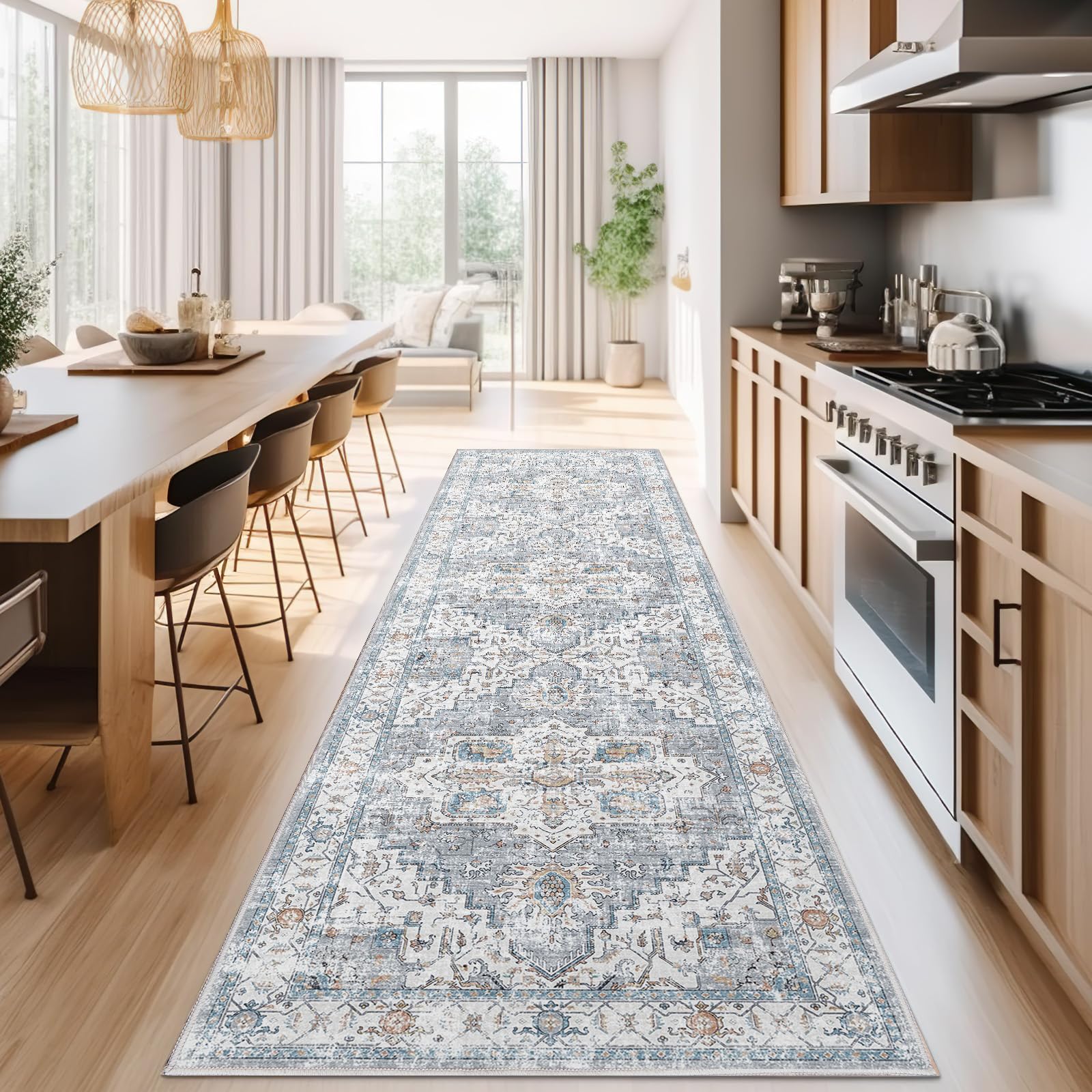 jinchan Runner Rug 3x7 for Hallway - Kitchen Machine Washable Vintage Floral Non-Slip with Rubber Backing Ultra-Thin Low-Pile Carpet Runner for