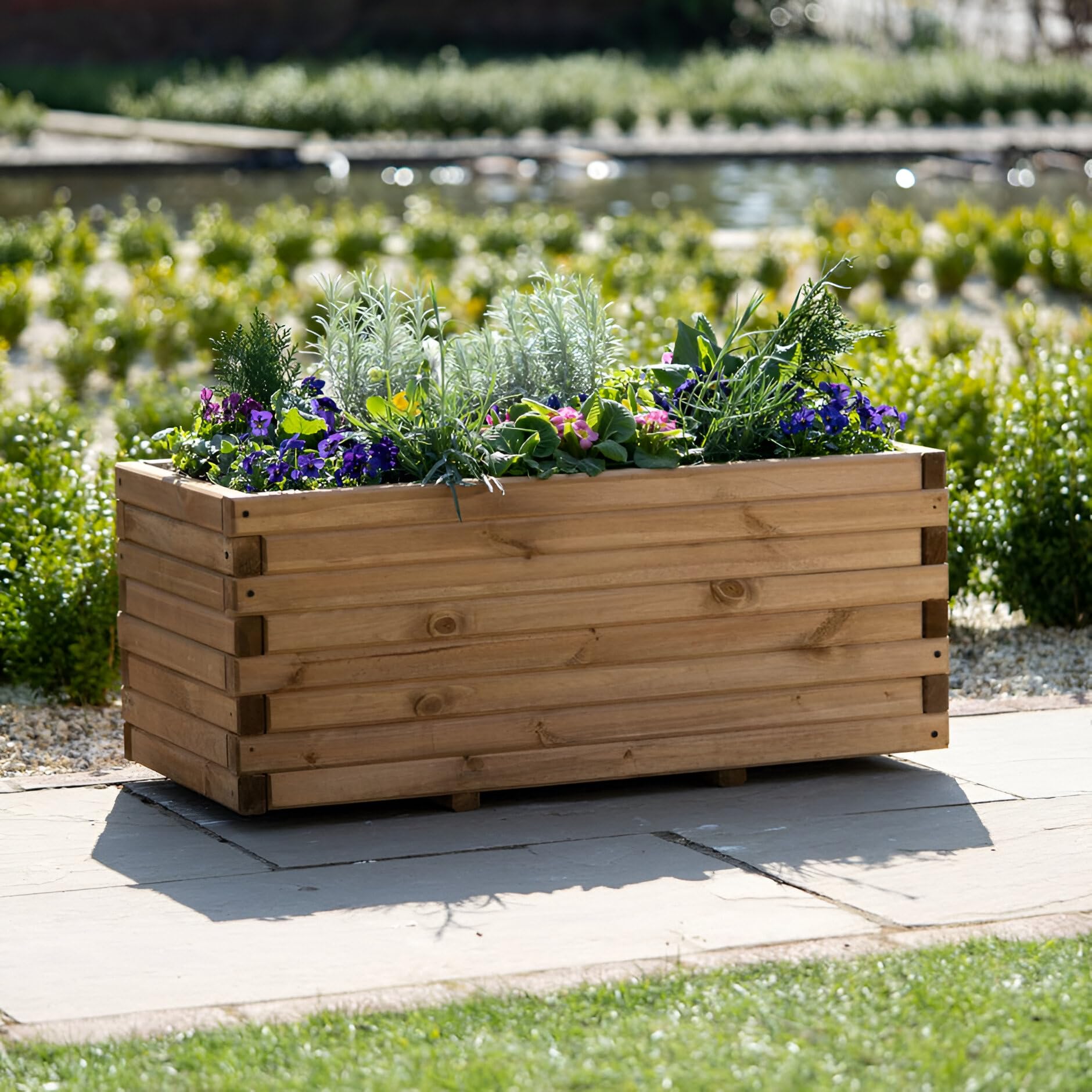 Primrose Brown Pine Raised Outdoor Trough Planter Treated Wooden Rustic In Natural Wood 120Cm (47.2In)