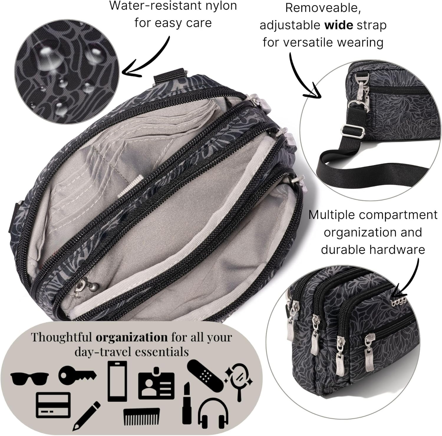 Baggallini Triple Zip Small Crossbody Bag for Women - 8x6 Lightweight Convertible Fanny Pack Belt Bag - Image 5