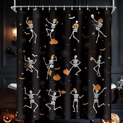Miniatura 7 de Divertida cortina de ducha con diseño de esqueleto de Halloween, diseño de calabaza negra, decoración de cortina de bañera