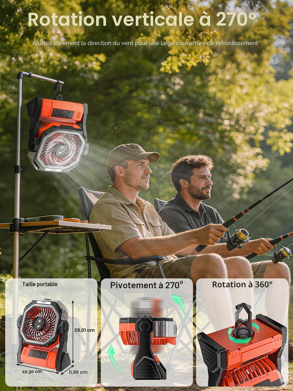 Kssvzz Ventilateur Camping avec Brumisateur et Minuterie, 20000 mAh Ventilateur Rechargeable de 4 Vitesses, Ventilateur Batterie de Table USB avec Éclairage LED, Idéal pour Voyages,Barbecue,Pêche