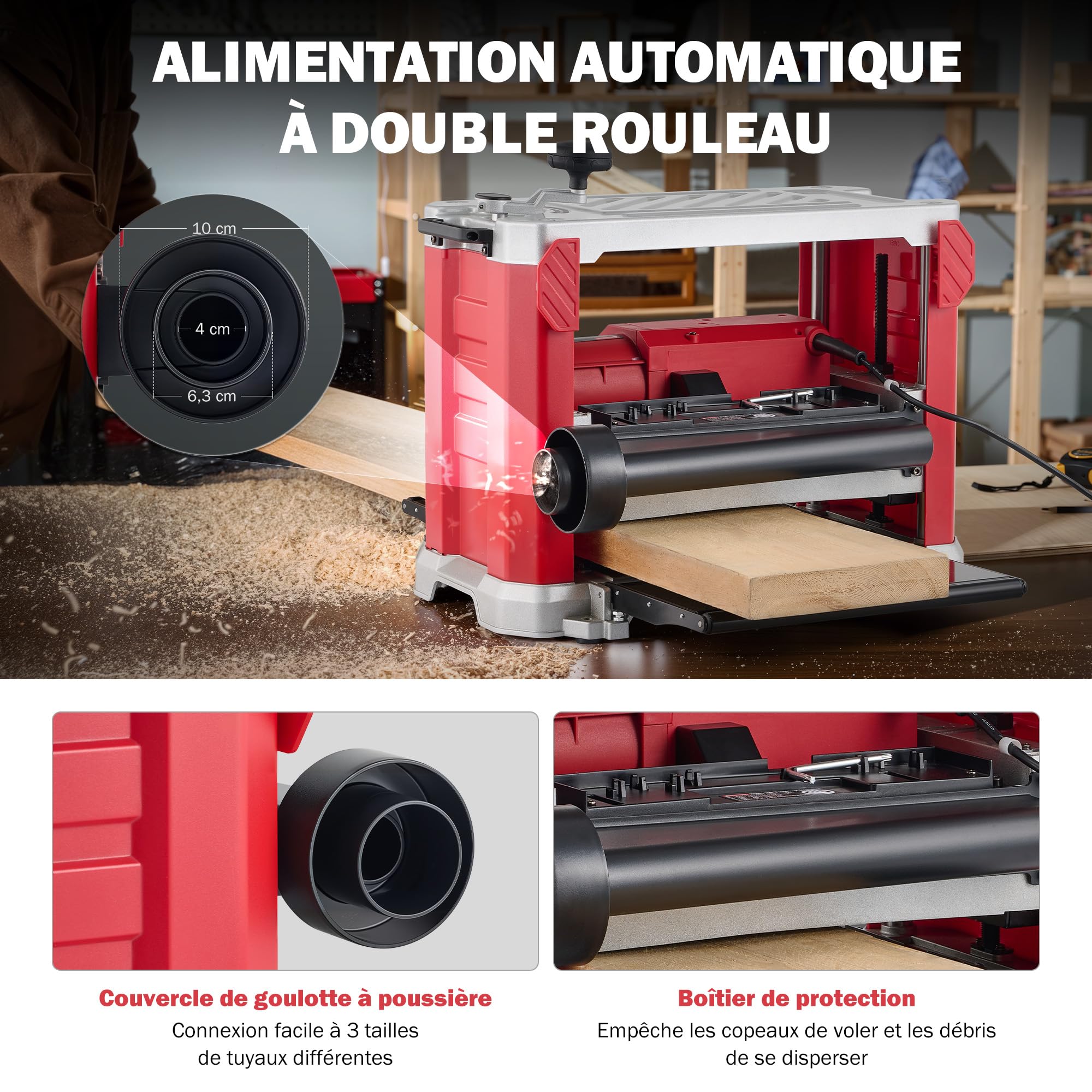 ZELCAN 2000W Raboteuse à Bois 15A, Dégauchisseuse d'Établi Raboteuse Stationnaire Automatique Électrique 33 cm, 2 Lames 20000 coupes/min, pour le Travail du Bois