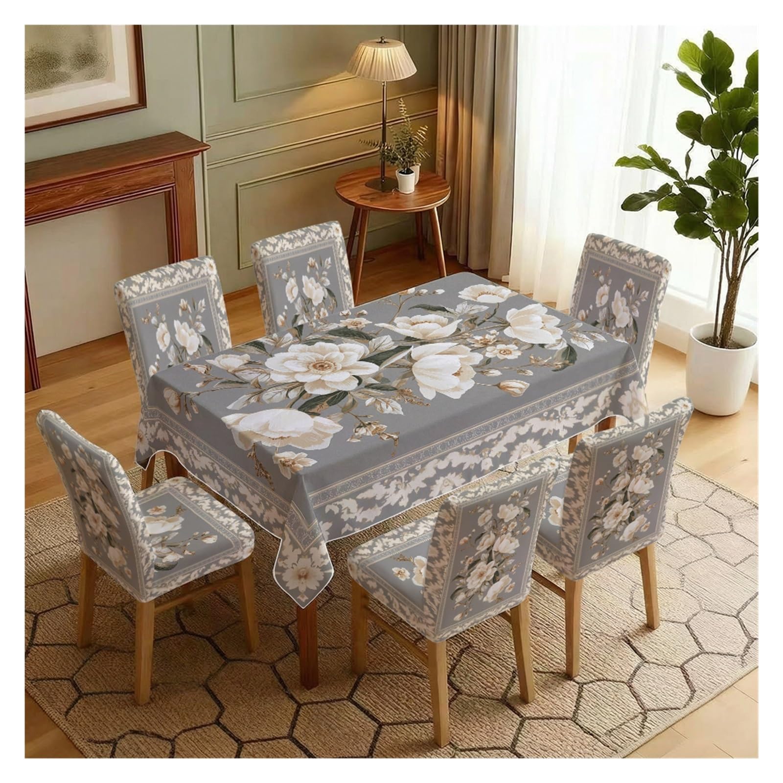 KXUAUV Grey Magnolia Floral Dining Chair Covers & Tablecloth Set, 5/7 Piece Elegant Slipcovers For Soft Home Decor Party Decor(7pcs Set: Tablecloth+Chair Covers)
