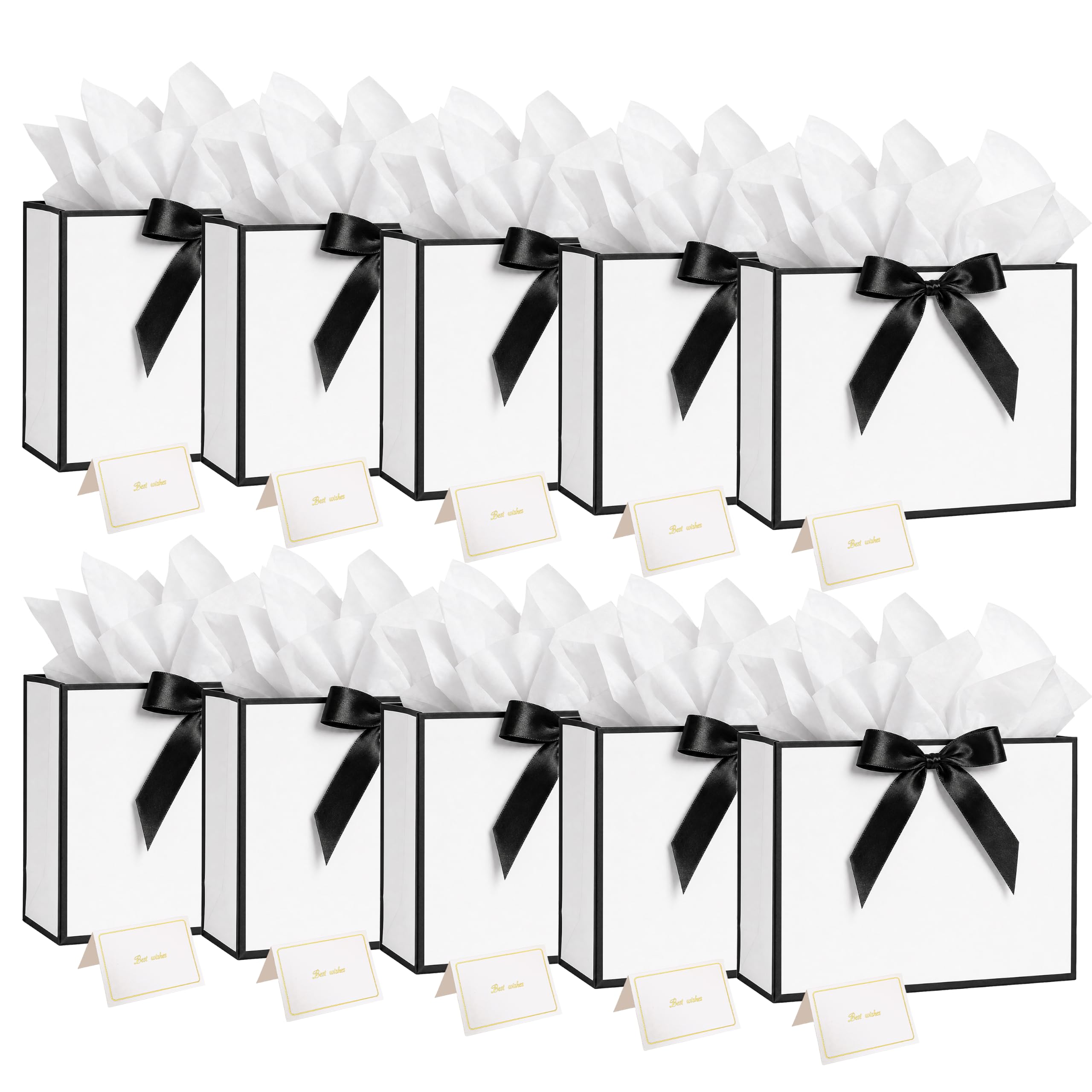 Geukmun 10 Pcs Gift Bags for Presents - White Birthday Gift Bag Multipack with Ribbon, Tissue Paper and Cards for Wedding, Bridesmaid, Christmas, Party