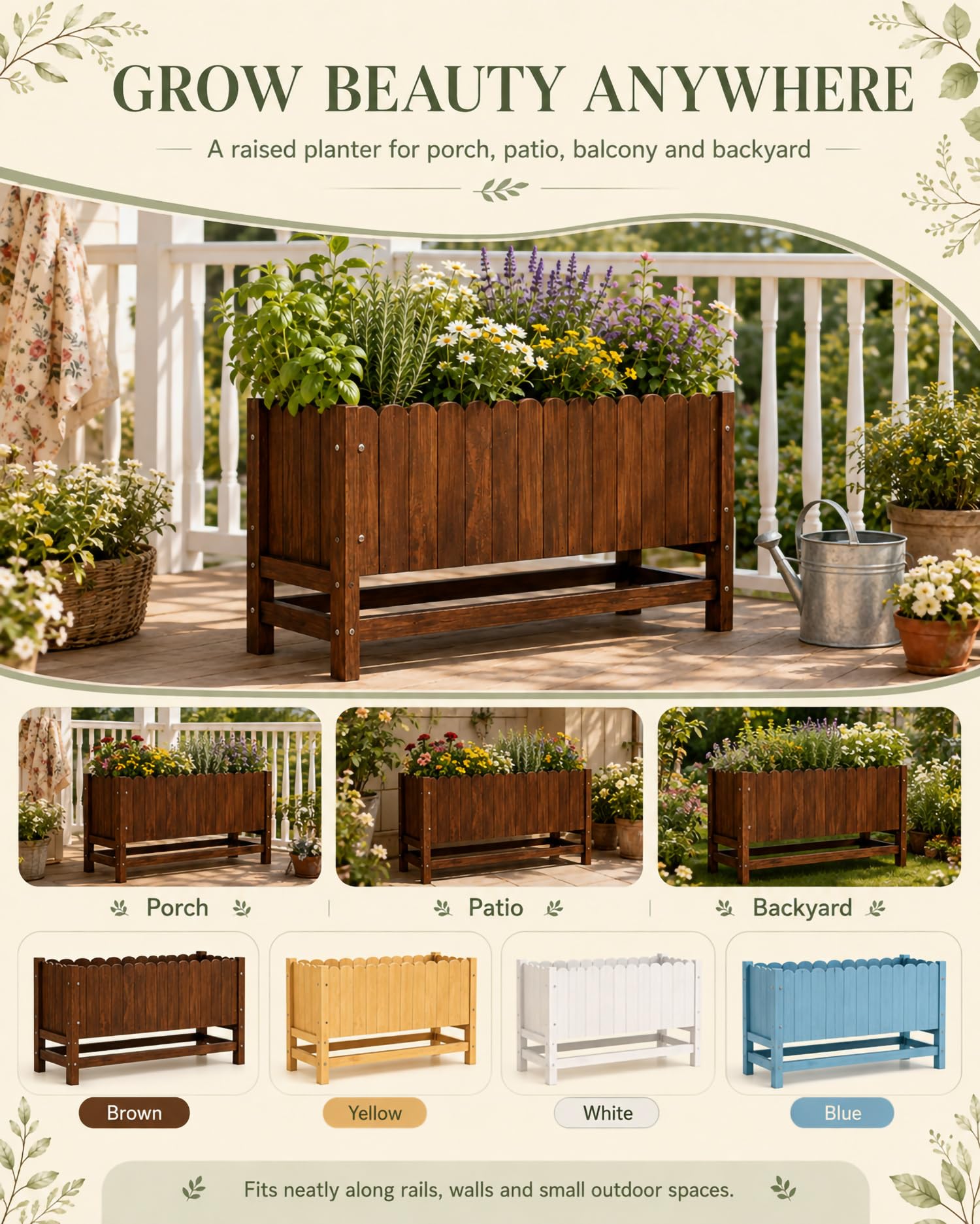 Huerto Urbano Madera para Jardín Y Terraza, Jardinera Elevada con Patas Y Marco Reforzado, Bancal Alto para Verduras, Hierbas, Flores, Balcón Y Porche,Blanca,106 * 30 * 86cm